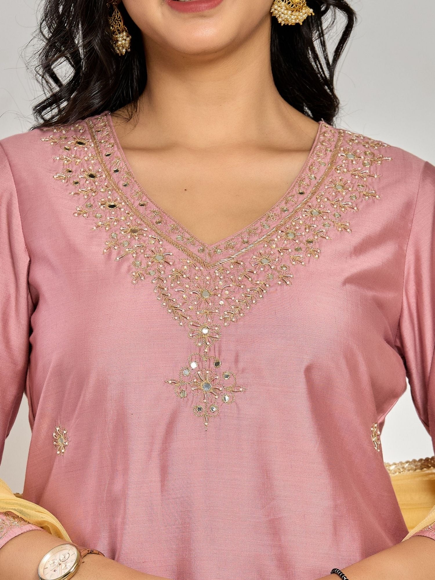 Pink Color Dabka Embroidery With Mirror Work Kurta With Pant And Duptta