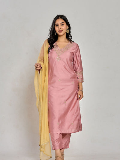 Pink Color Dabka Embroidery With Mirror Work Kurta With Pant And Duptta
