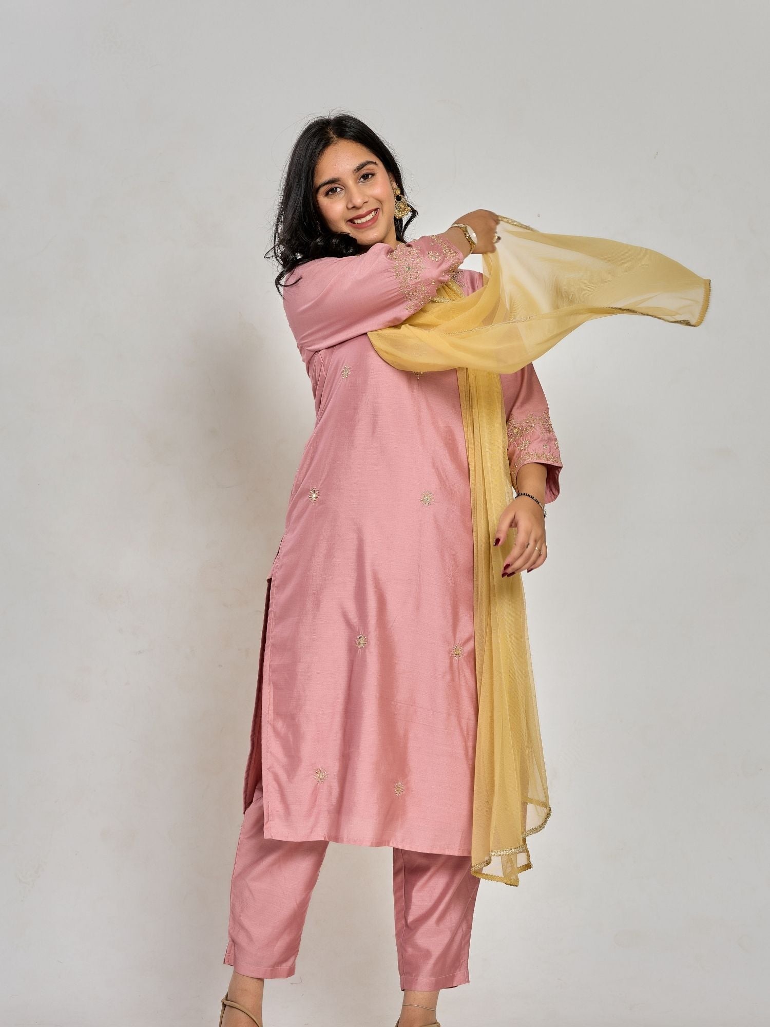 Pink Color Dabka Embroidery With Mirror Work Kurta With Pant And Duptta