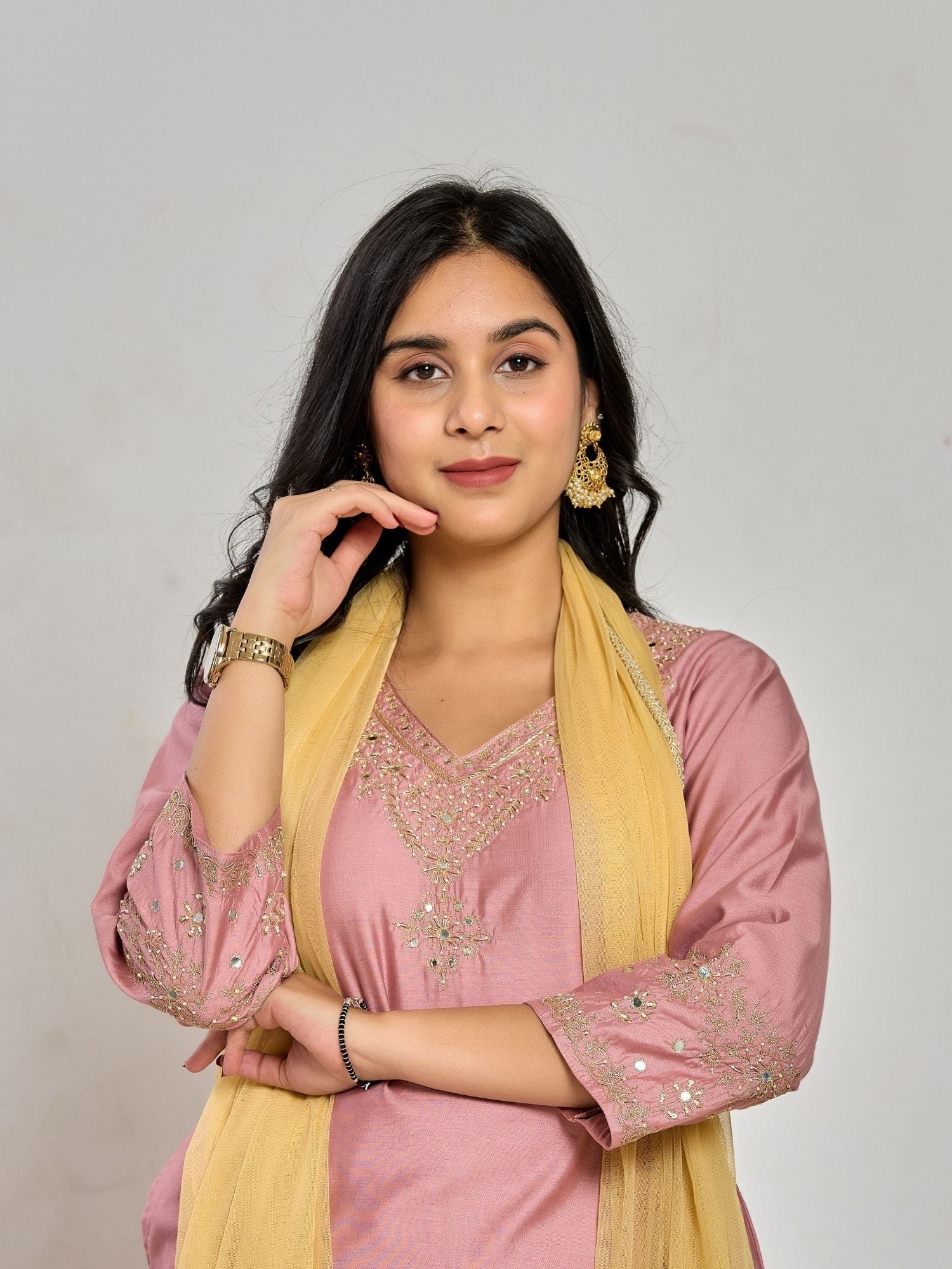 Pink Color Dabka Embroidery With Mirror Work Kurta With Pant And Duptta
