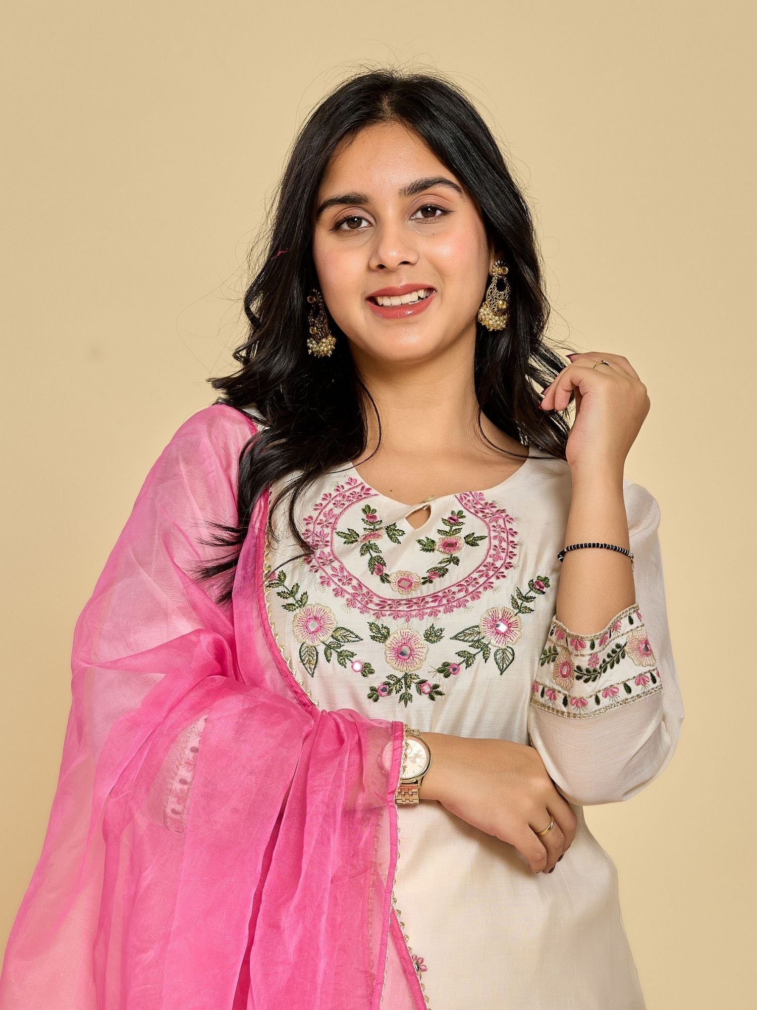 White Color Resham Embroidery With Mirror Work Kurta With Pant And Duptta