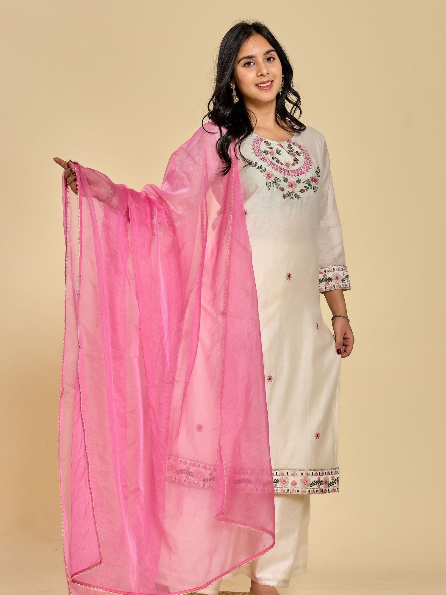 White Color Resham Embroidery With Mirror Work Kurta With Pant And Duptta