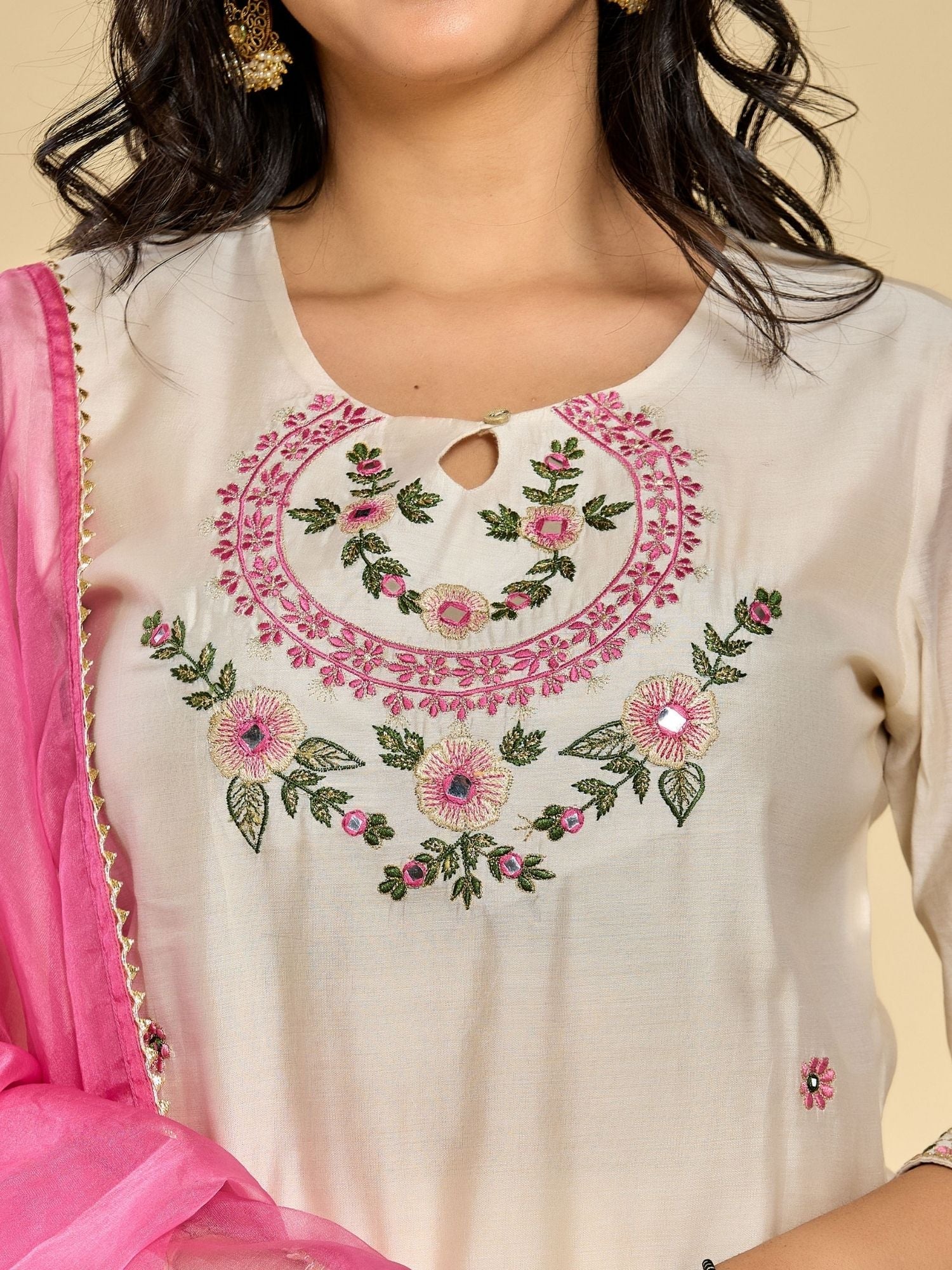 White Color Resham Embroidery With Mirror Work Kurta With Pant And Duptta