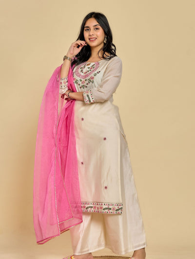 White Color Resham Embroidery With Mirror Work Kurta With Pant And Duptta