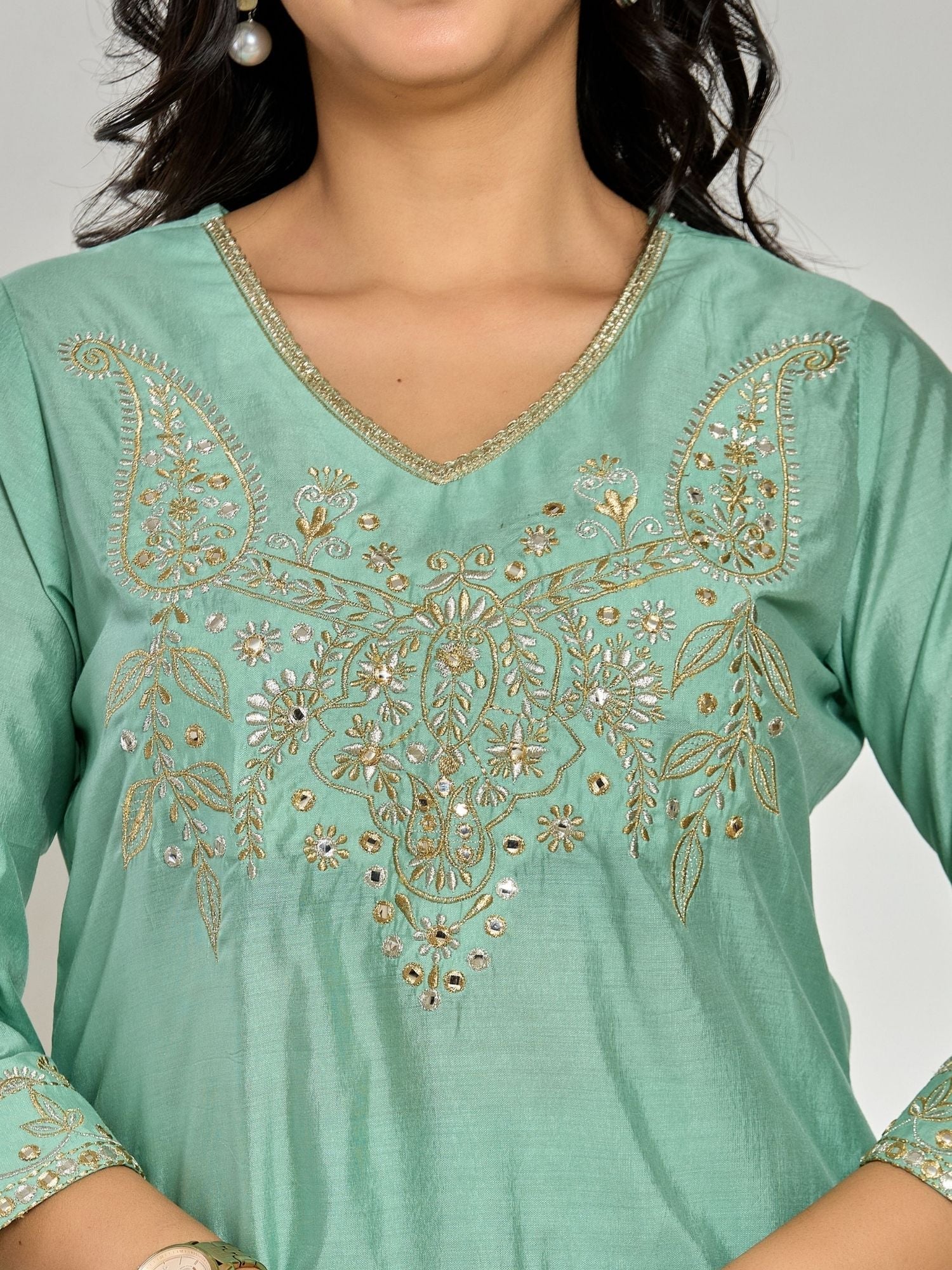 Mint Green Color Zari Embroidery Kurta With Pant And Duptta