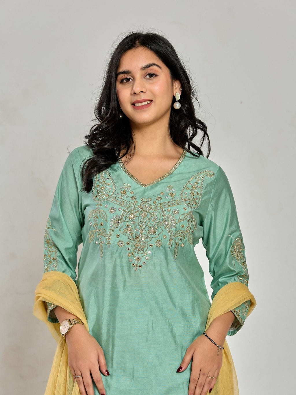Mint Green Color Zari Embroidery Kurta With Pant And Duptta