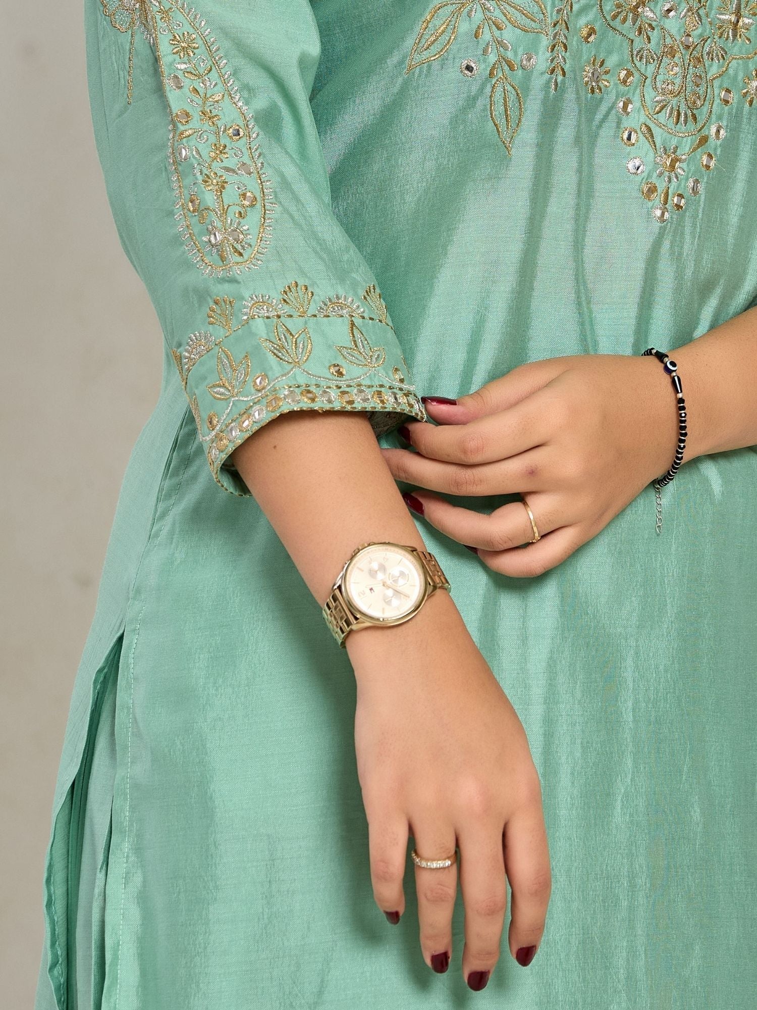 Mint Green Color Zari Embroidery Kurta With Pant And Duptta