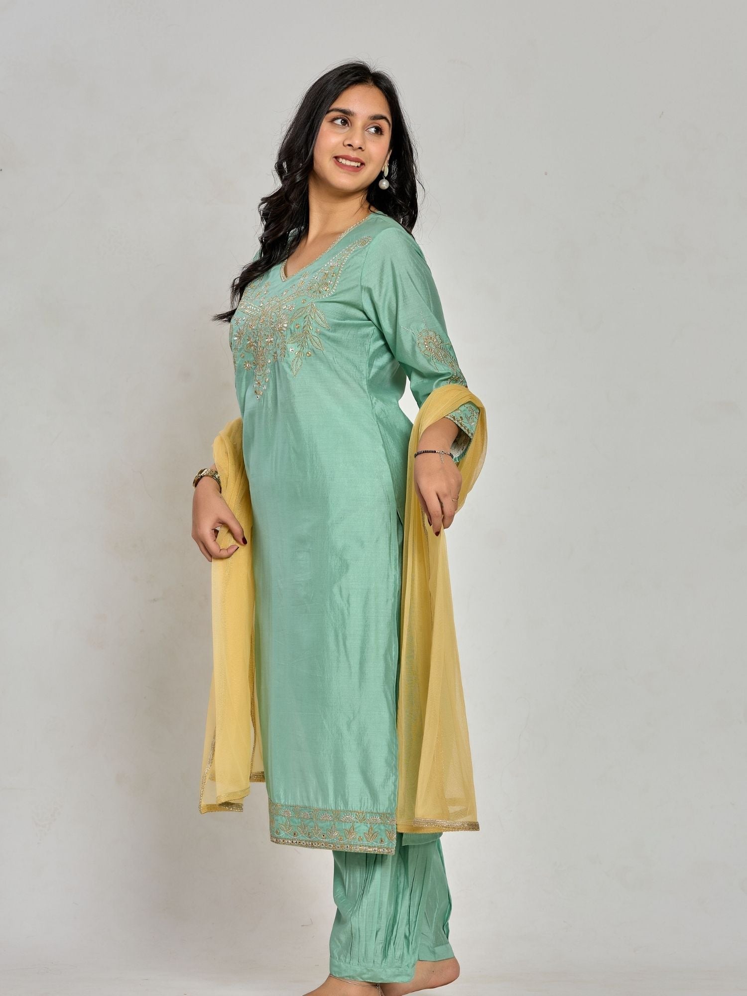 Mint Green Color Zari Embroidery Kurta With Pant And Duptta