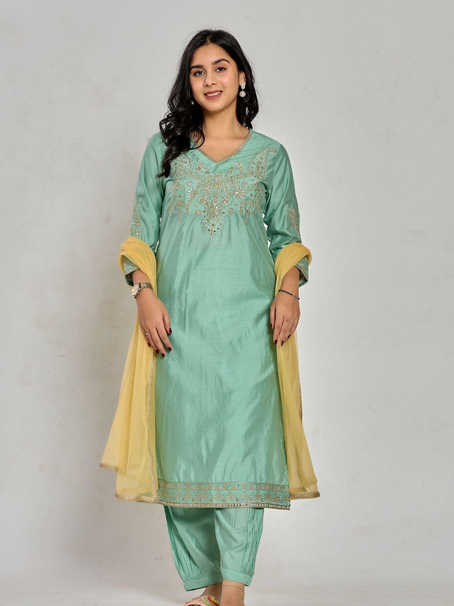 Mint Green Color Zari Embroidery Kurta With Pant And Duptta