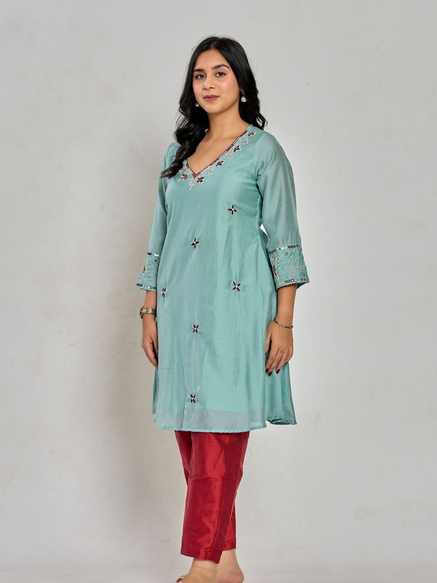 Mint Green Color Thread Embroidery With Mirror Work And Beads  Kurta With Pant