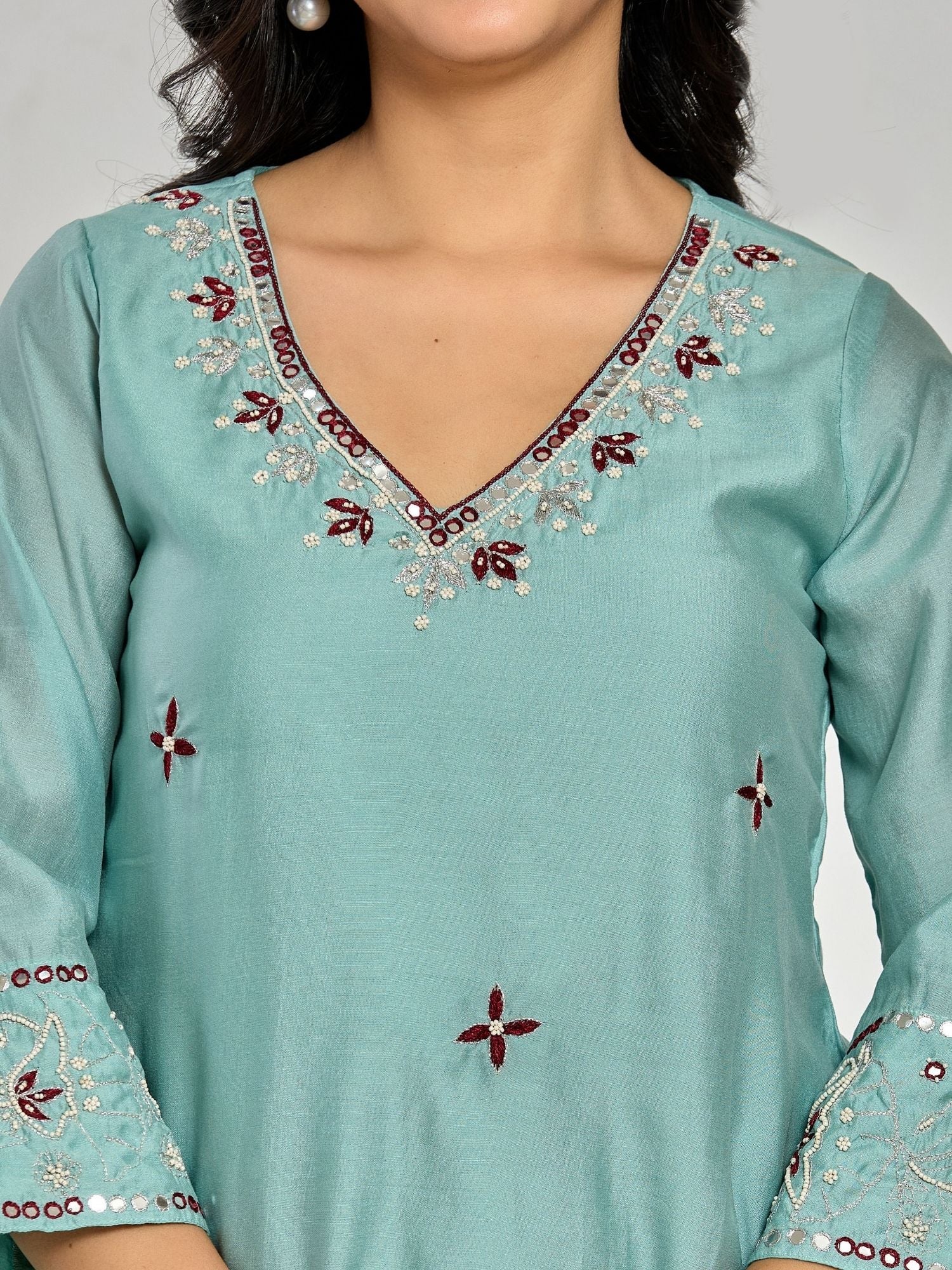 Mint Green Color Thread Embroidery With Mirror Work And Beads  Kurta With Pant