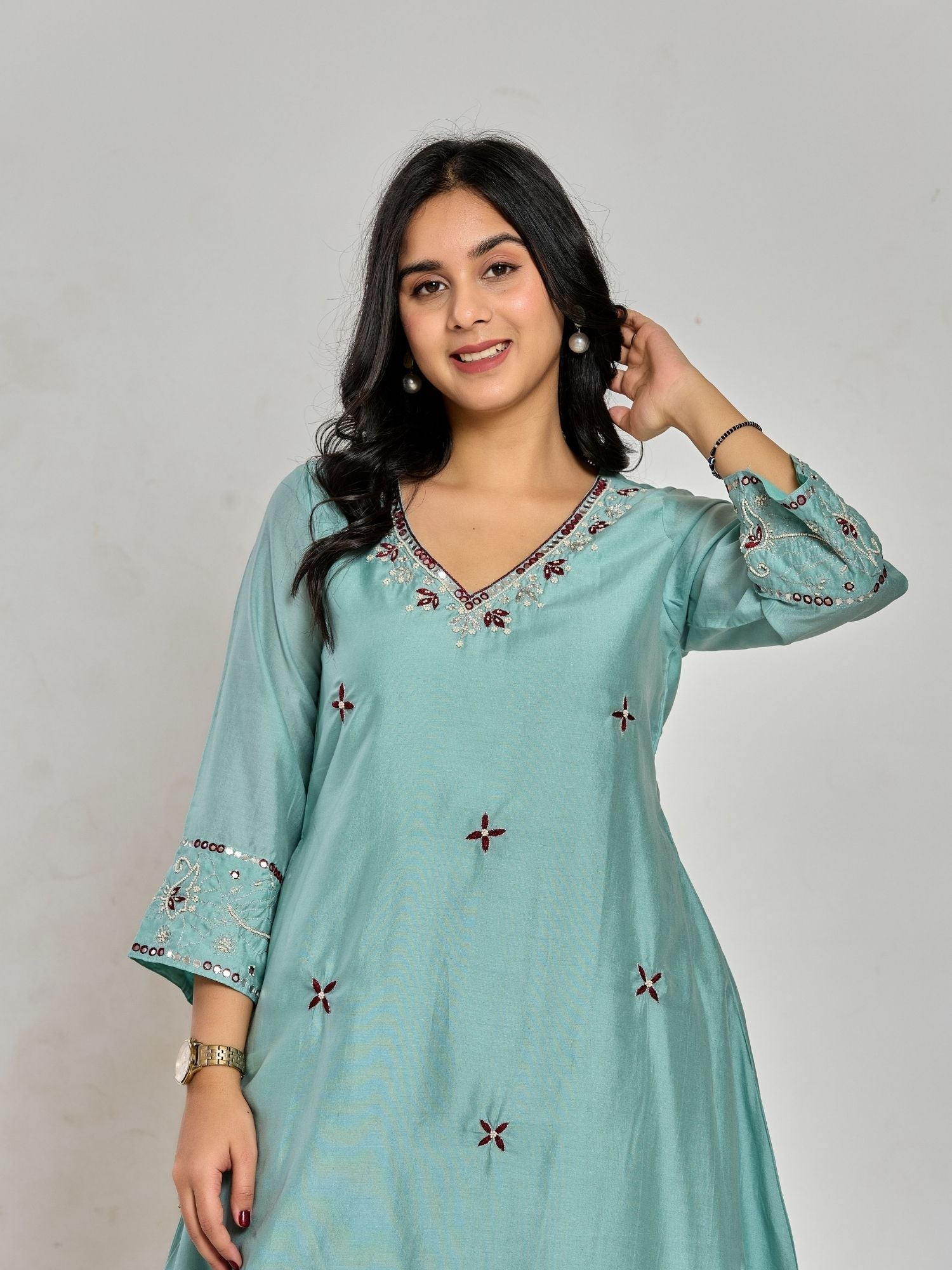 Mint Green Color Thread Embroidery With Mirror Work And Beads  Kurta With Pant
