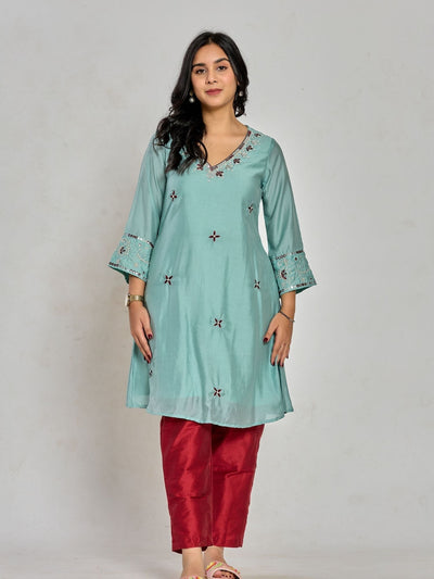 Mint Green Color Thread Embroidery With Mirror Work And Beads  Kurta With Pant