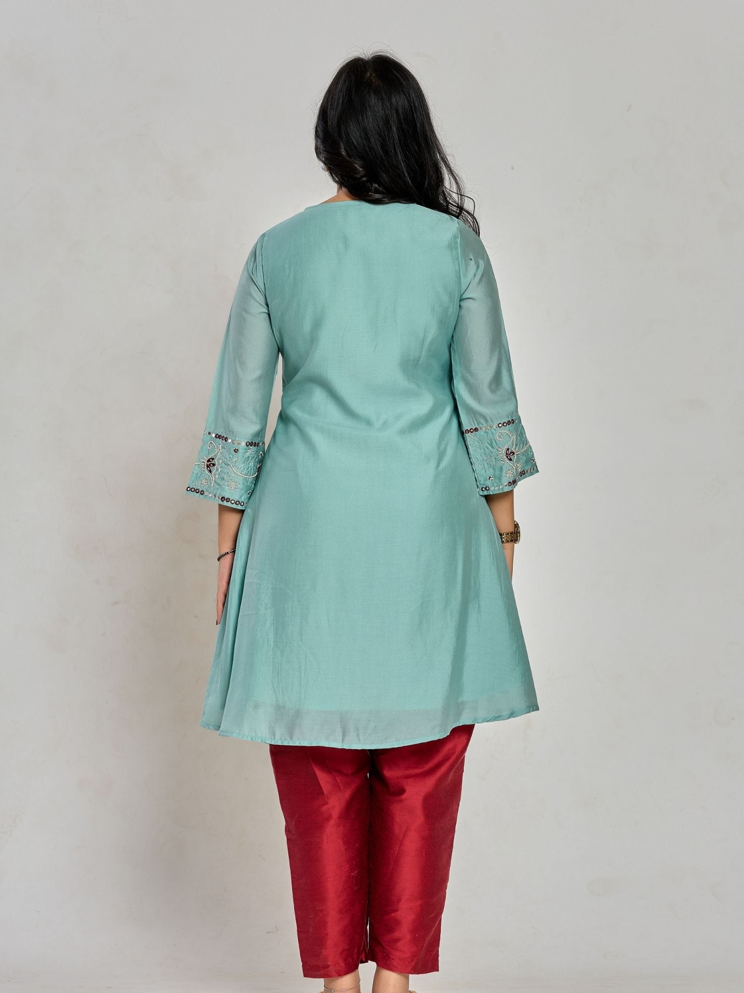 Mint Green Color Thread Embroidery With Mirror Work And Beads  Kurta With Pant