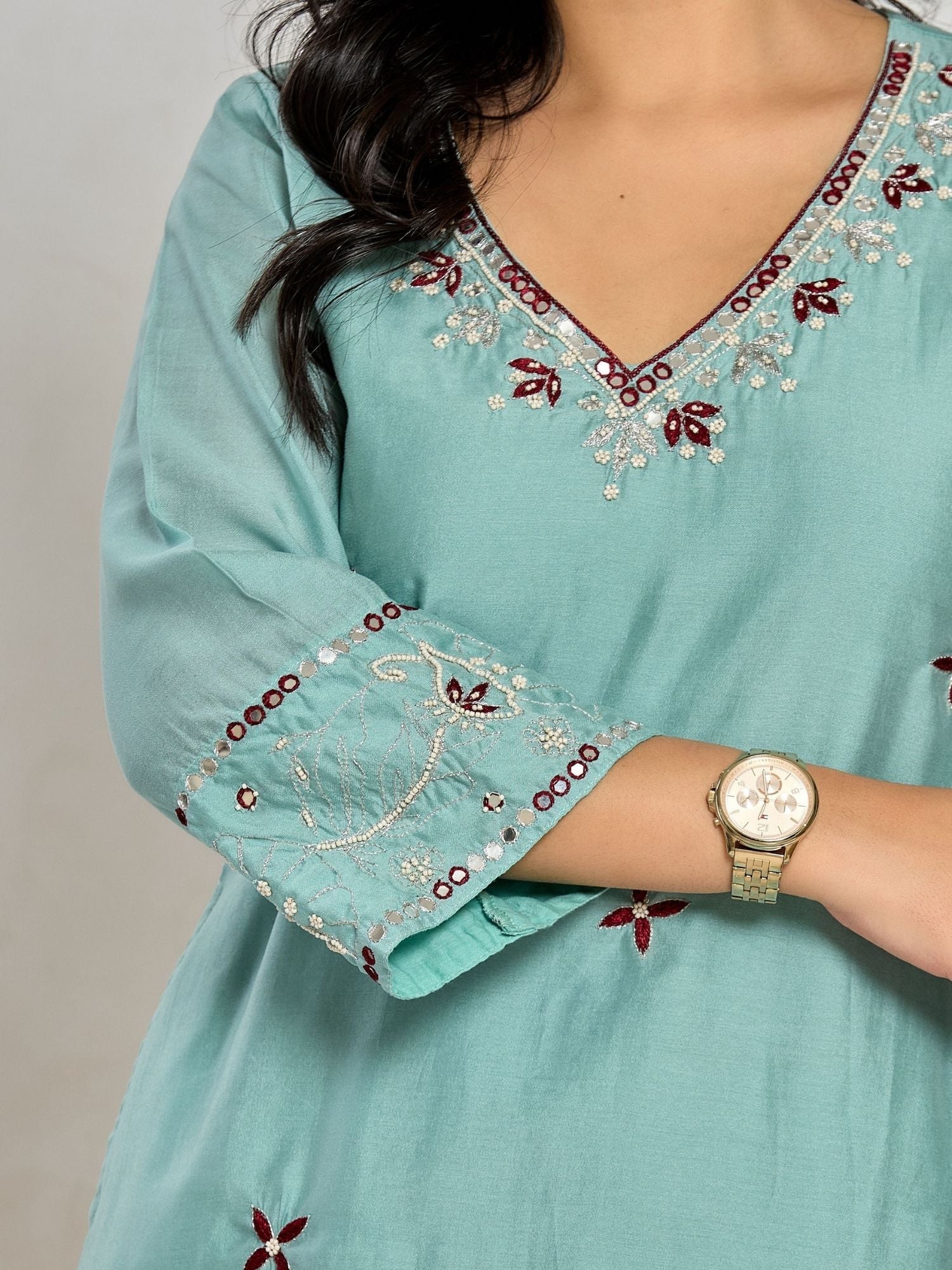 Mint Green Color Thread Embroidery With Mirror Work And Beads  Kurta With Pant