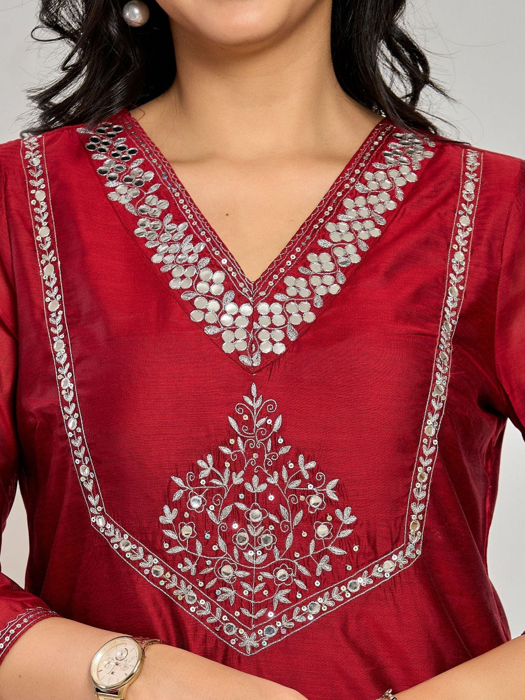 Maroon Color Mirror Embroidery Kurta With Pant