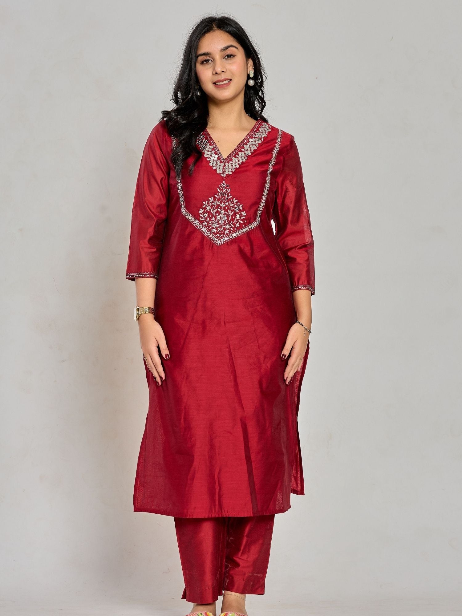 Maroon Color Mirror Embroidery Kurta With Pant