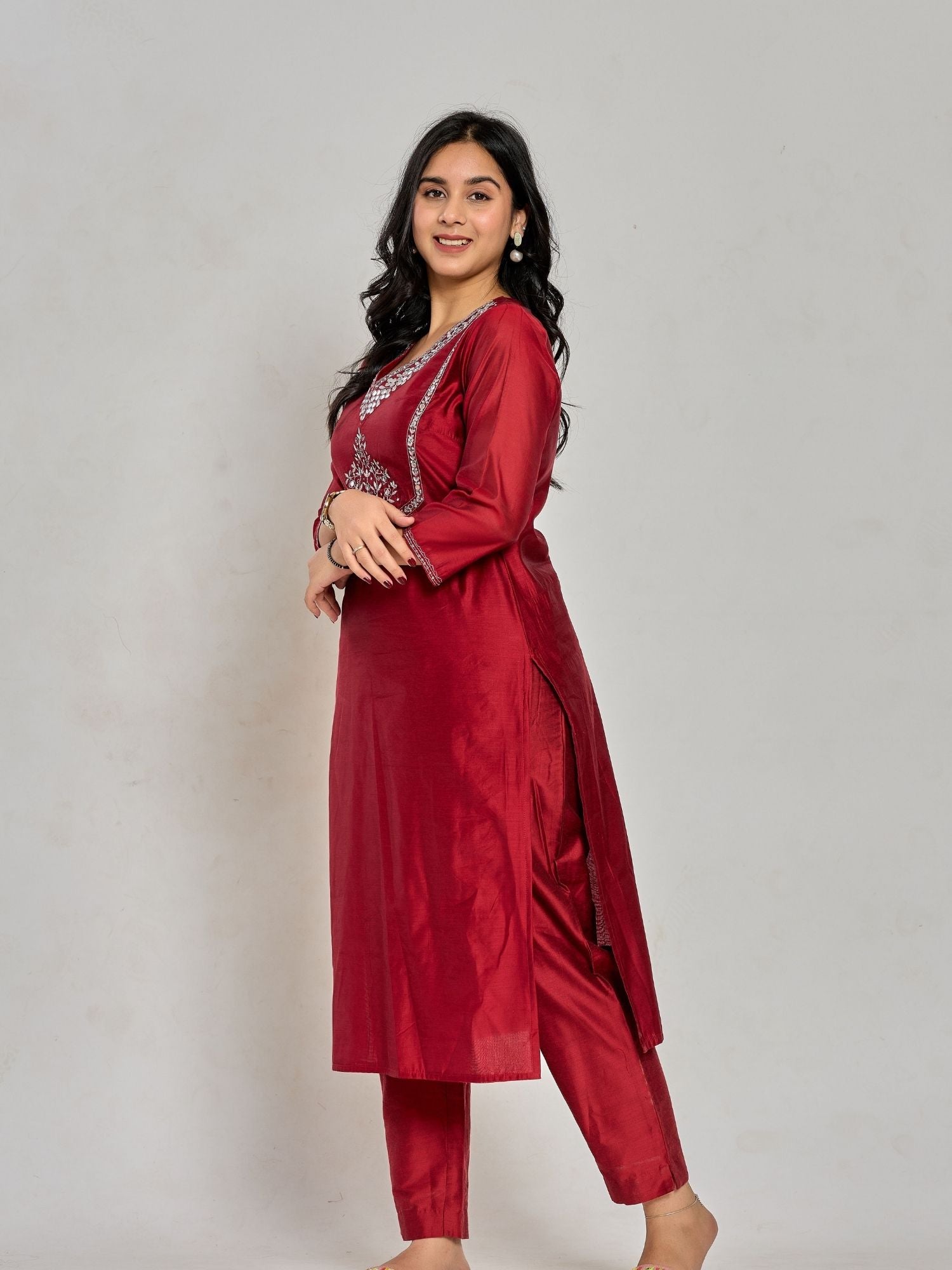 Maroon Color Mirror Embroidery Kurta With Pant