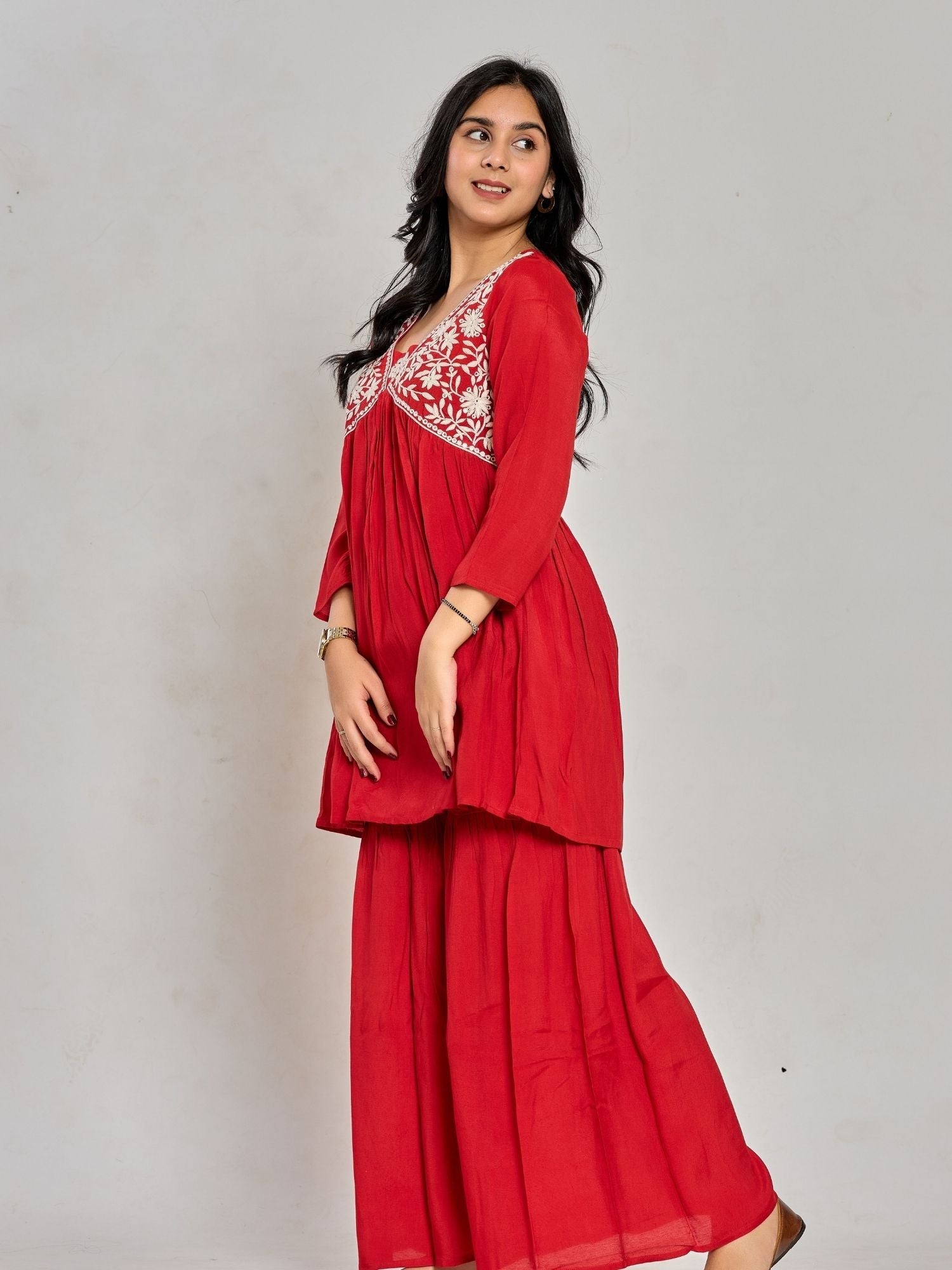 Red Color Mirror Work With Thread Embroidery Palazzo Set