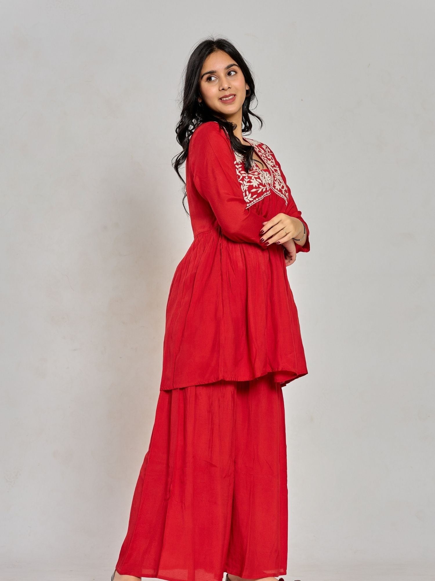 Red Color Mirror Work With Thread Embroidery Palazzo Set