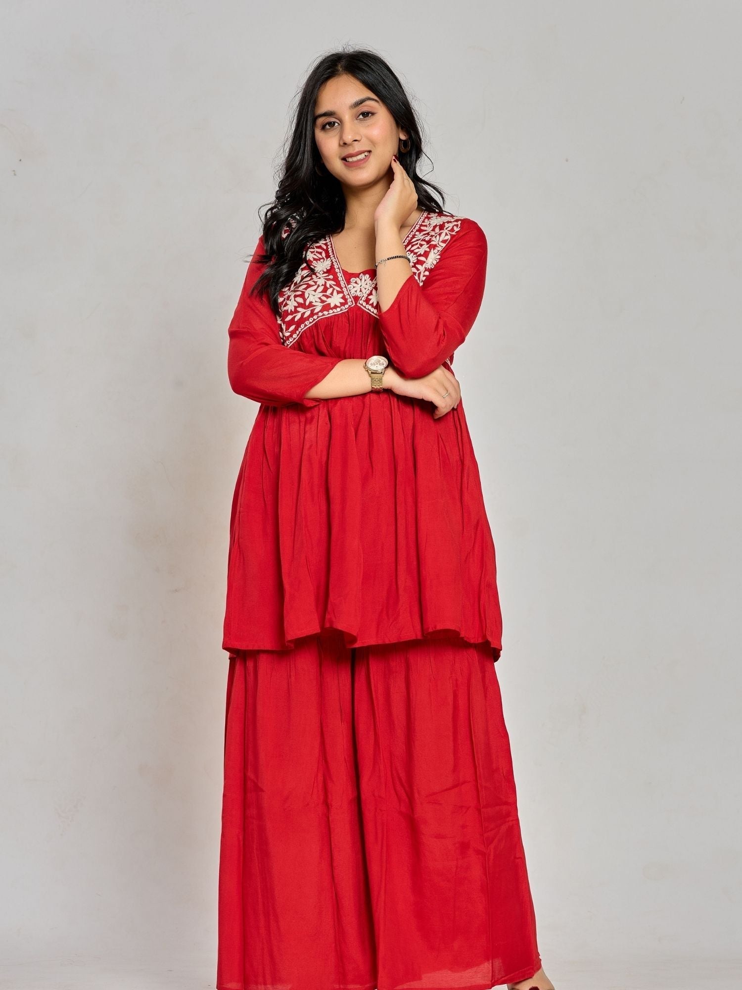 Red Color Mirror Work With Thread Embroidery Palazzo Set