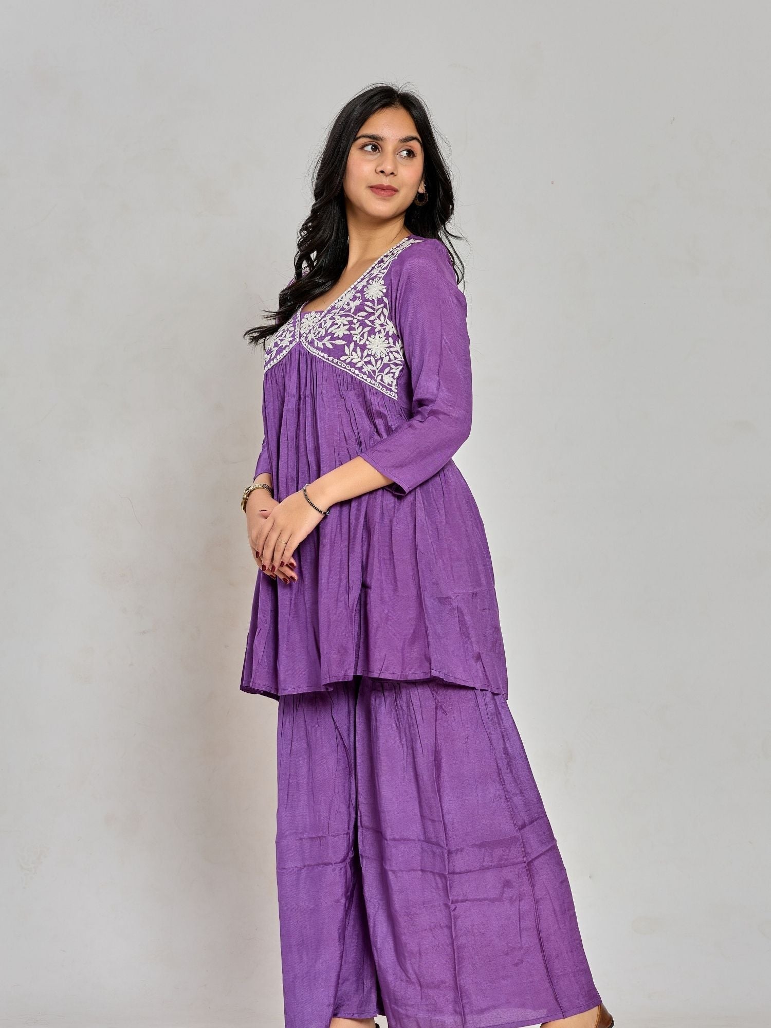 Purple Color Mirror Work With Thread Embroidery Palazzo Set
