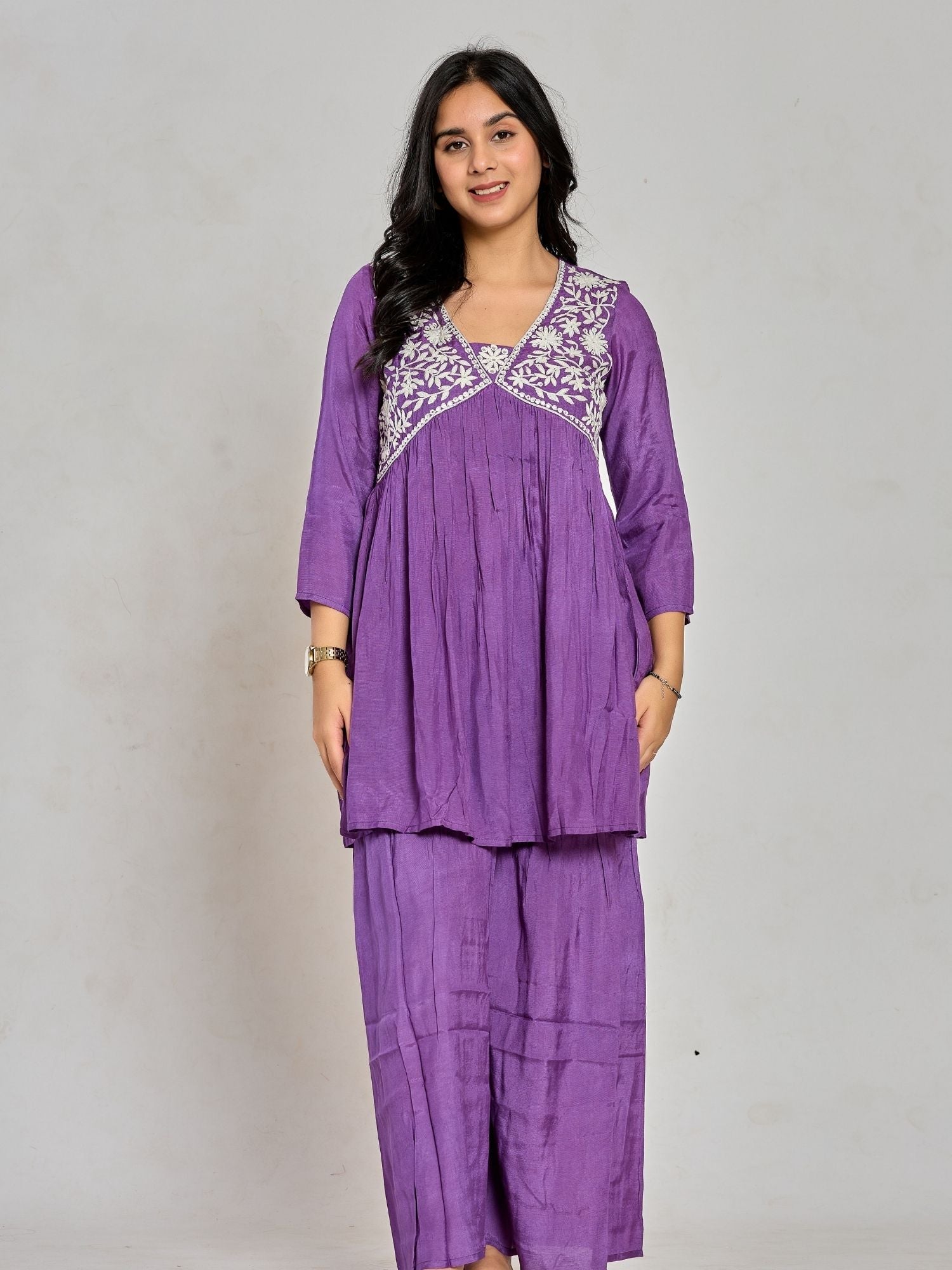 Purple Color Mirror Work With Thread Embroidery Palazzo Set