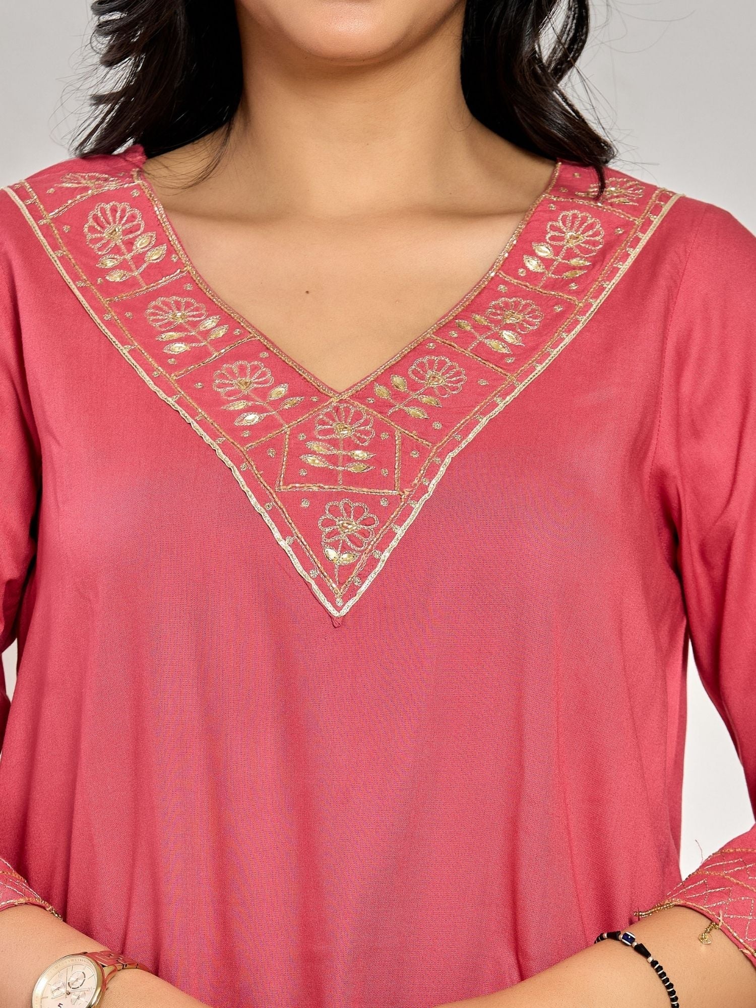 Coral Pink Color Zari And Sequin Work Kurta With Pant