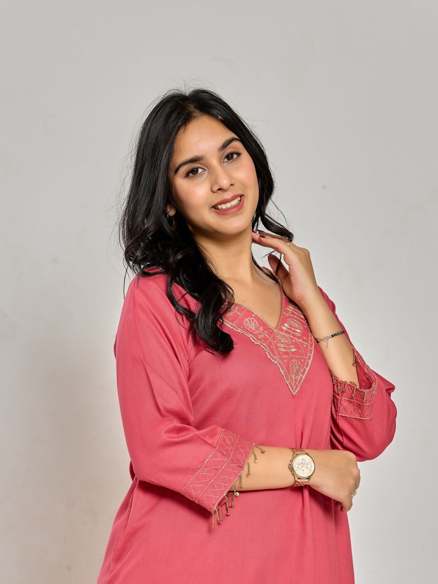 Coral Pink Color Zari And Sequin Work Kurta With Pant