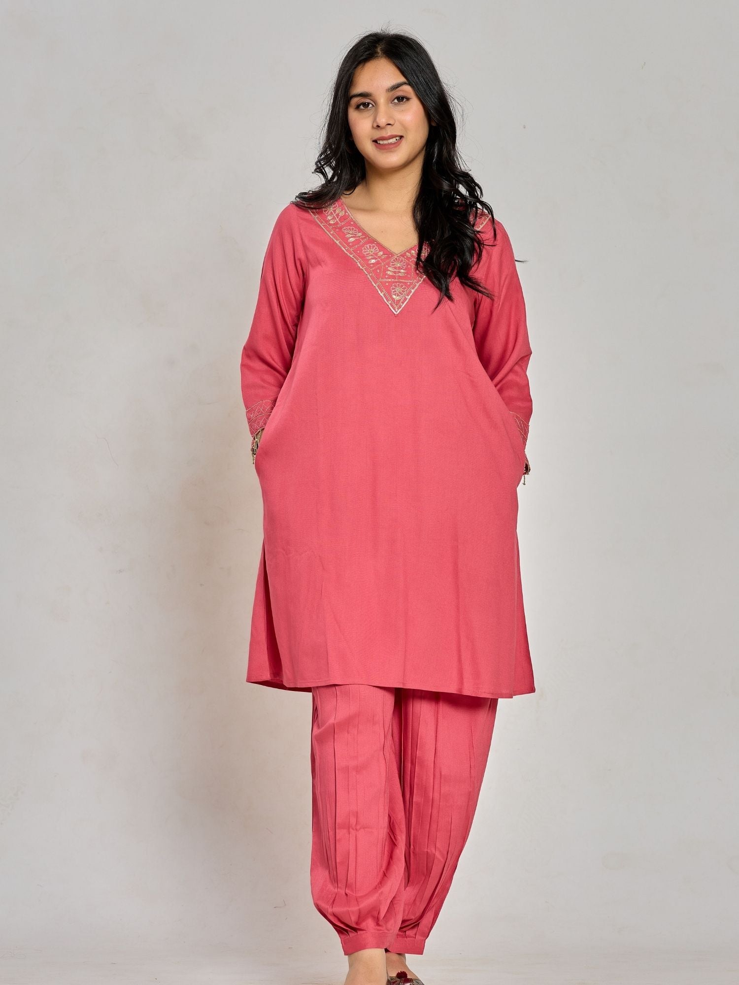 Coral Pink Color Zari And Sequin Work Kurta With Pant