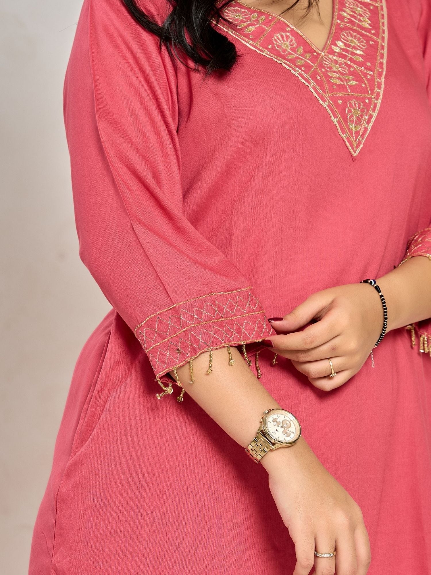 Coral Pink Color Zari And Sequin Work Kurta With Pant
