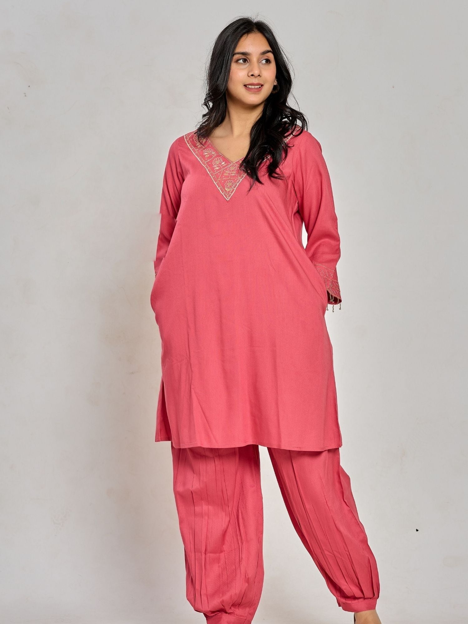 Coral Pink Color Zari And Sequin Work Kurta With Pant