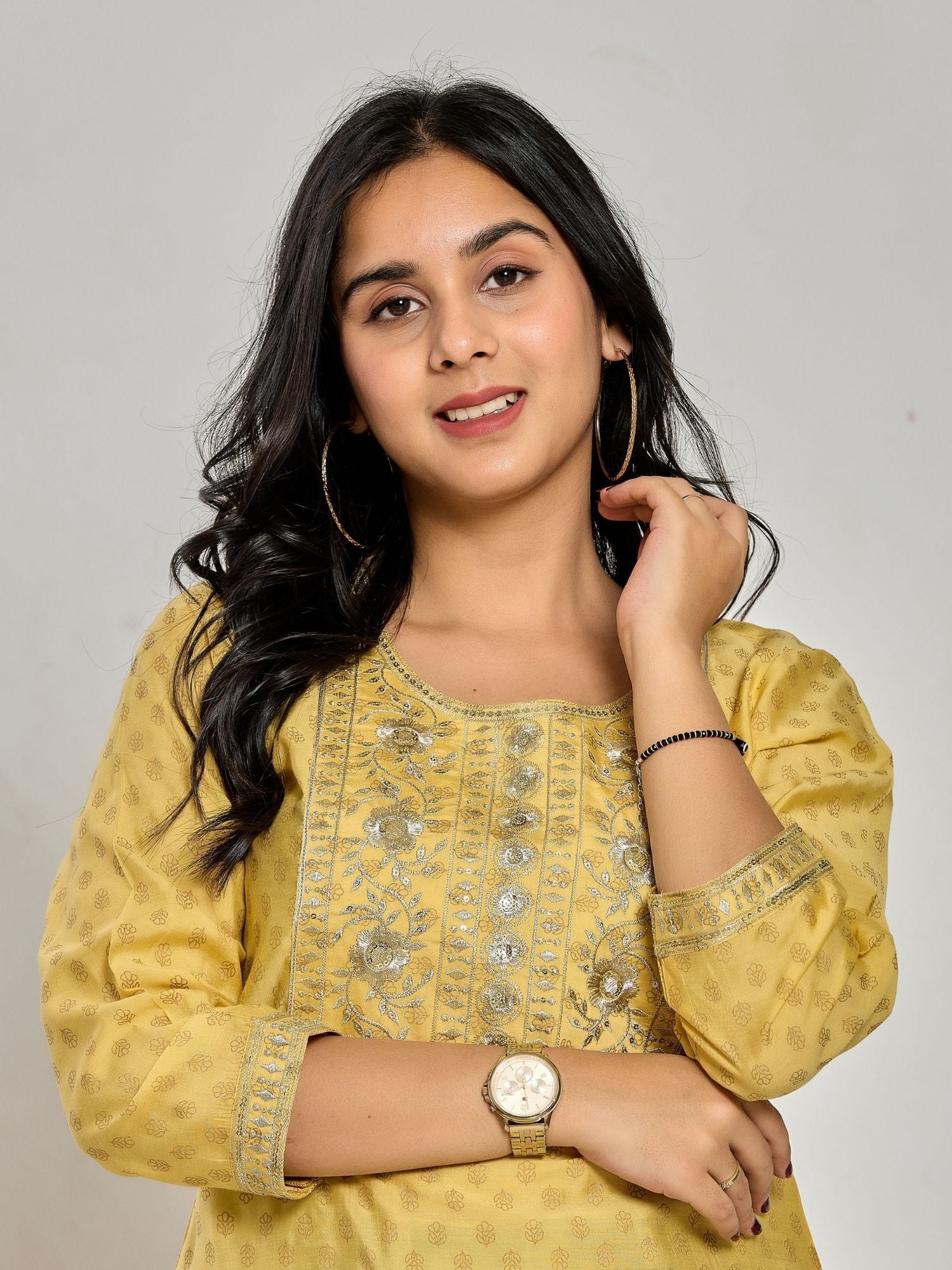 Mustard Yellow Color Gold Print / Zari Embroidery Kurti