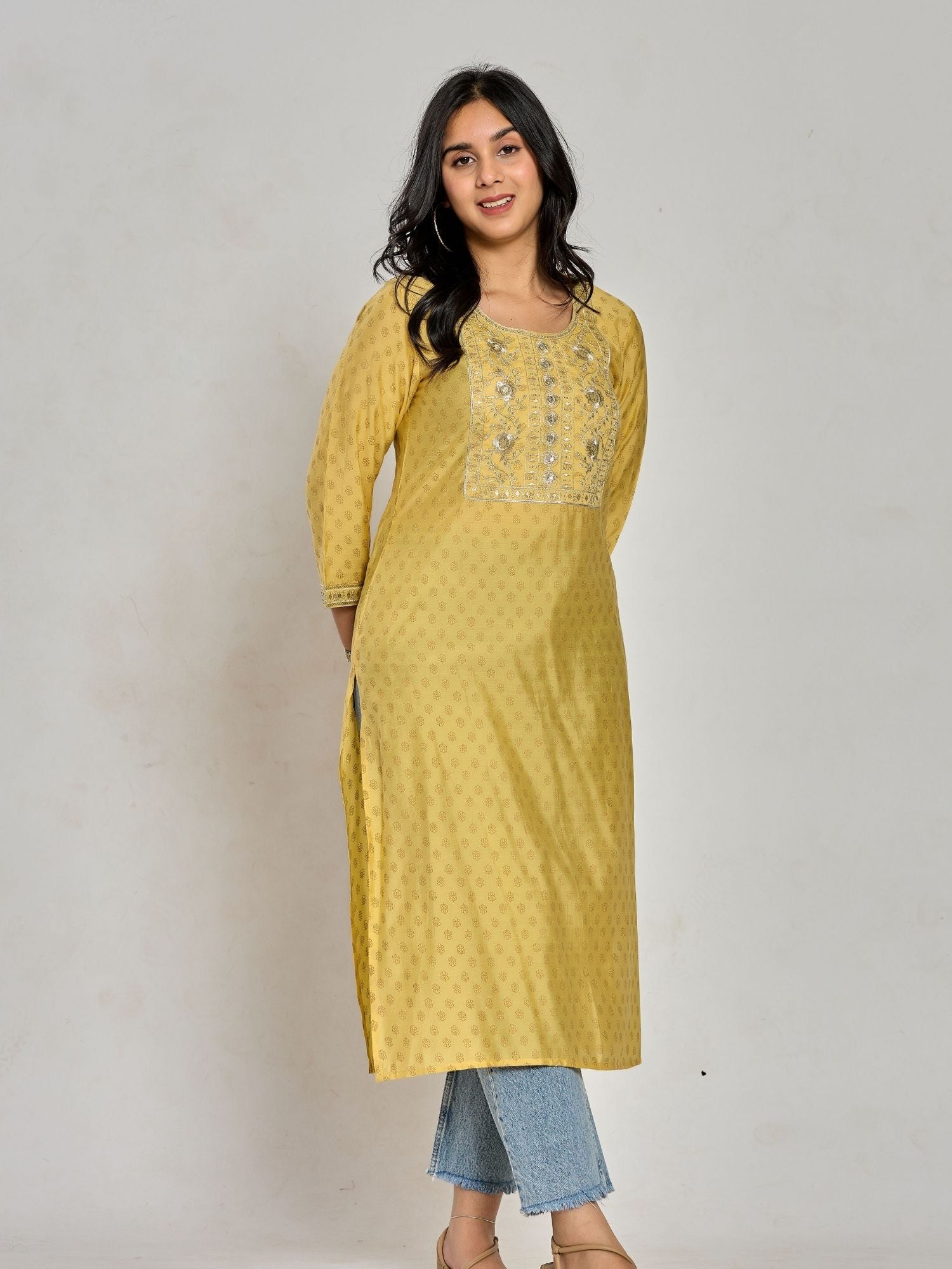 Mustard Yellow Color Gold Print / Zari Embroidery Kurti