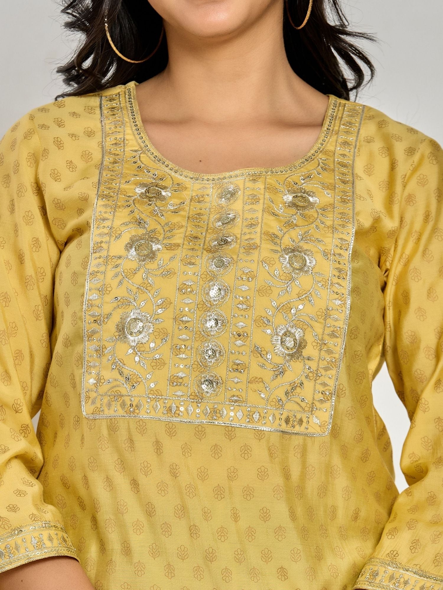 Mustard Yellow Color Gold Print / Zari Embroidery Kurti