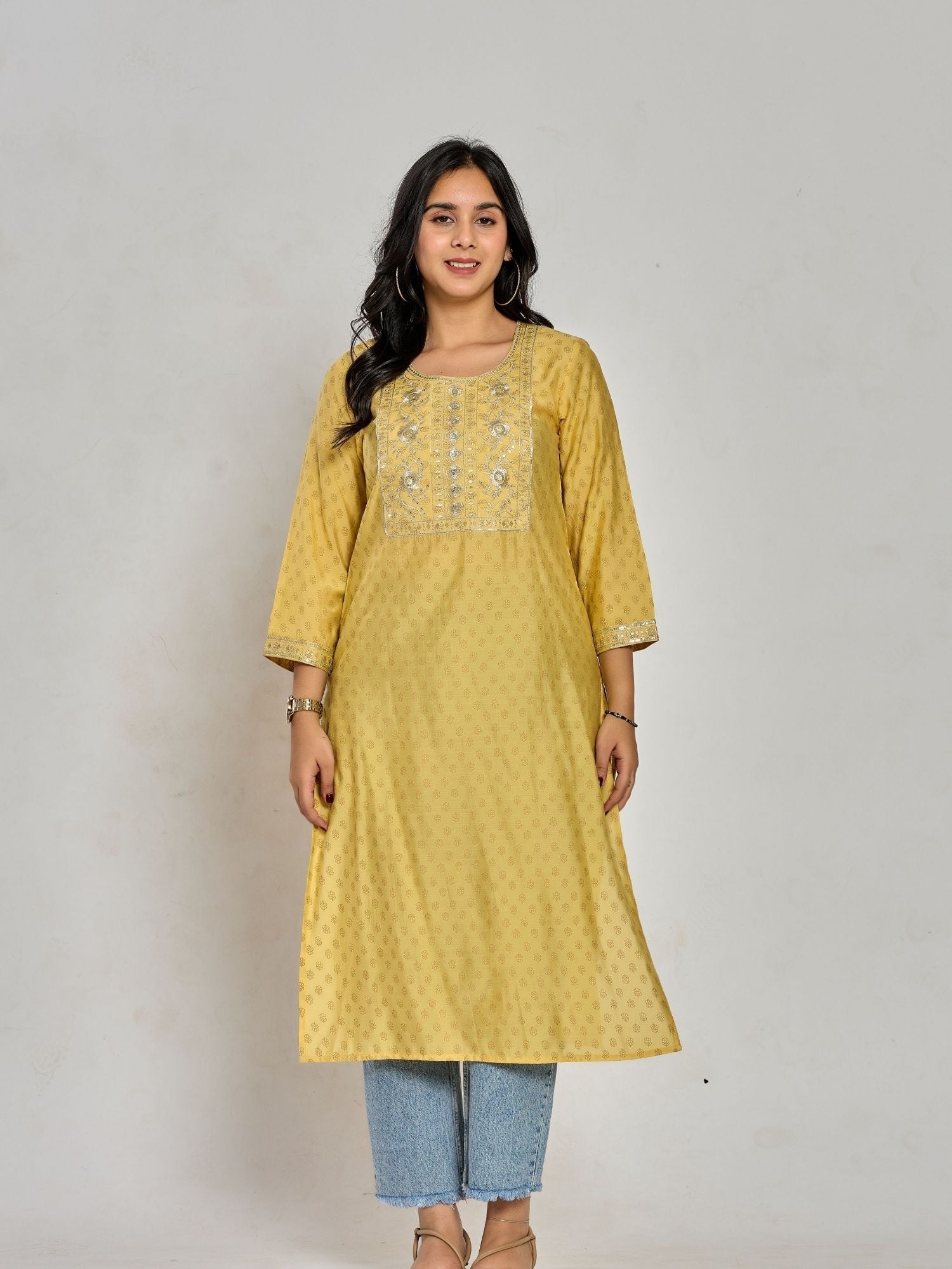 Mustard Yellow Color Gold Print / Zari Embroidery Kurti