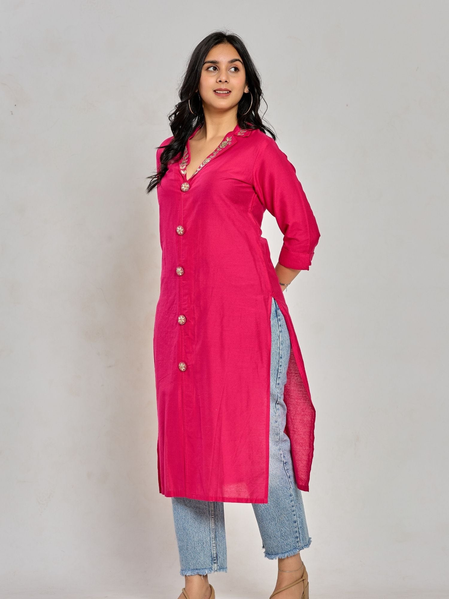 Rani Pink Color Gota Patti Work Kurti
