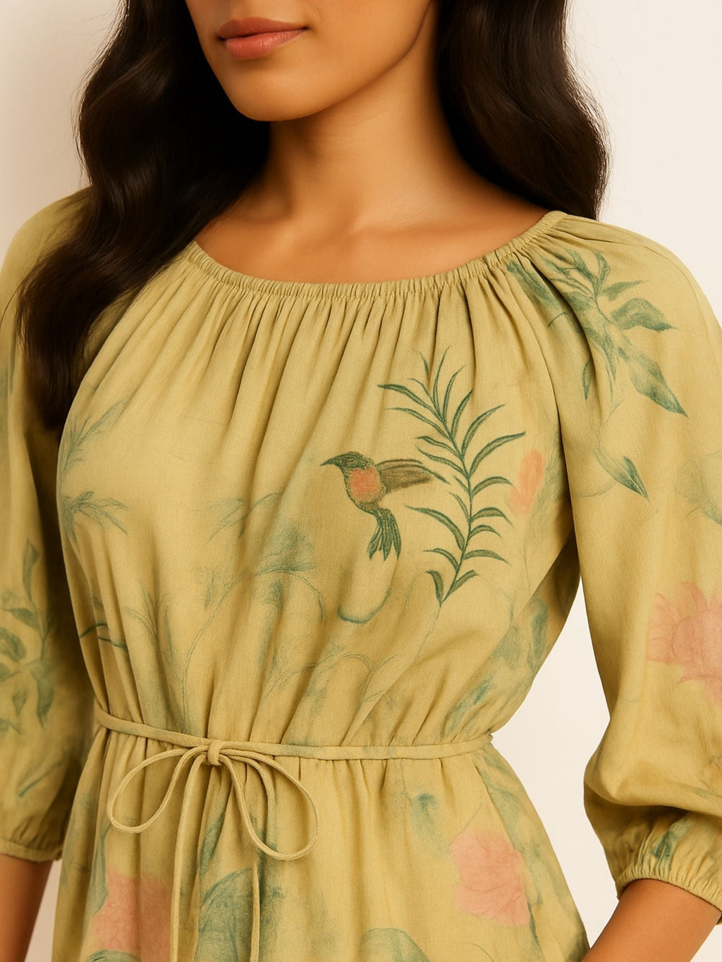 Light Yellow Color Botanical And Bird Print With Multicolor Detailing Dress