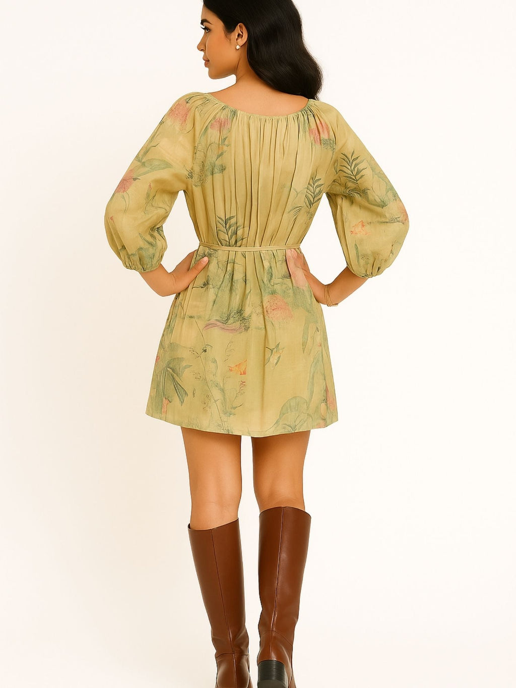 Light Yellow Color Botanical And Bird Print With Multicolor Detailing Dress