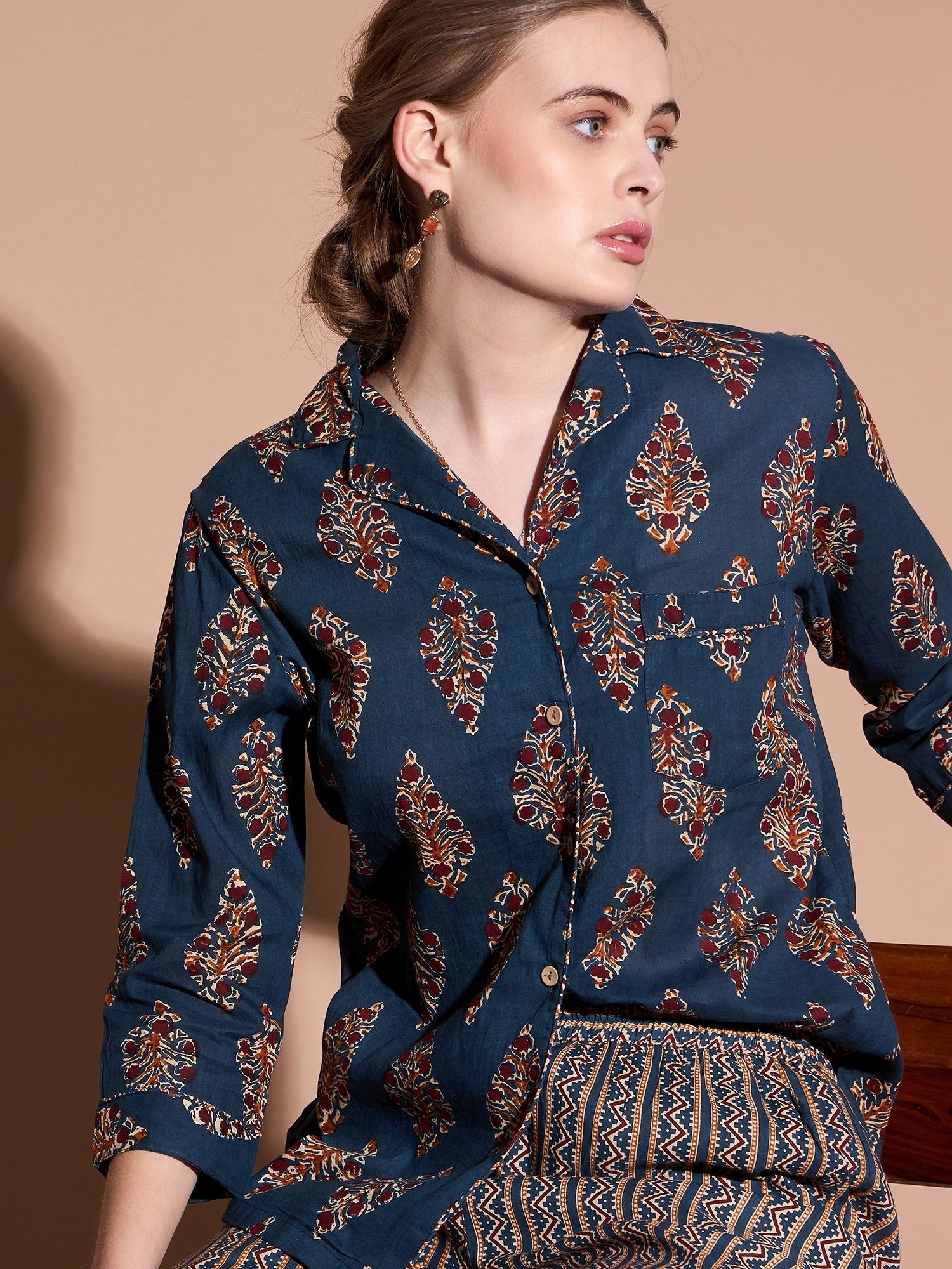 Ethnic Motifs Printed Cotton Shirt & Trouser Co-Ords Set