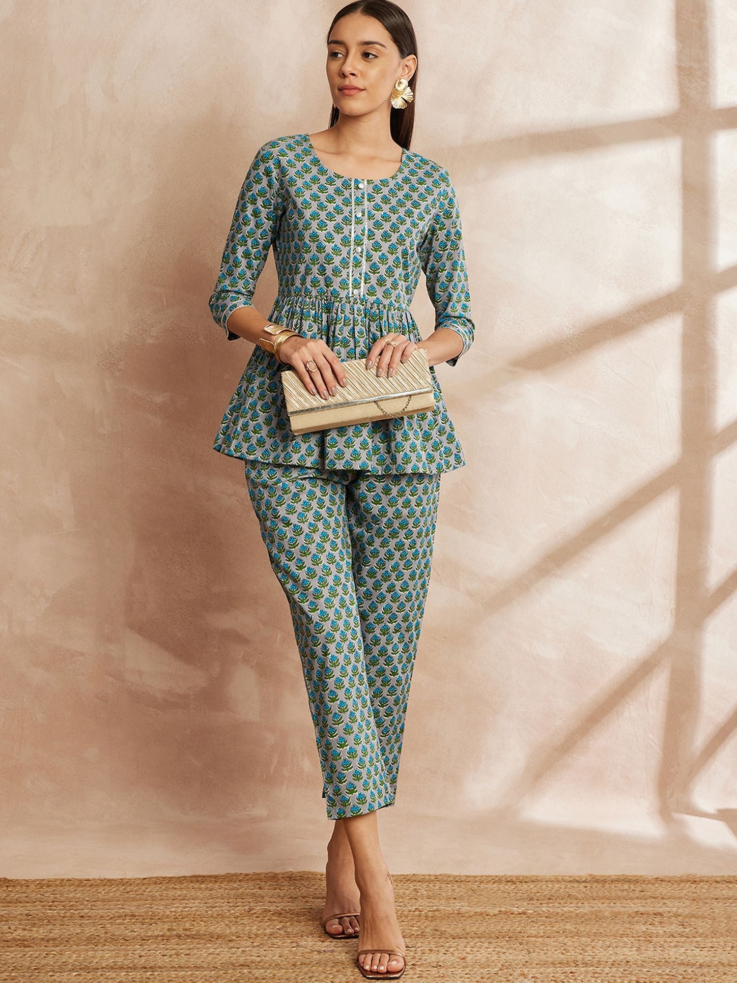 Floral Printed Pure Cotton Tunic With Trouser
