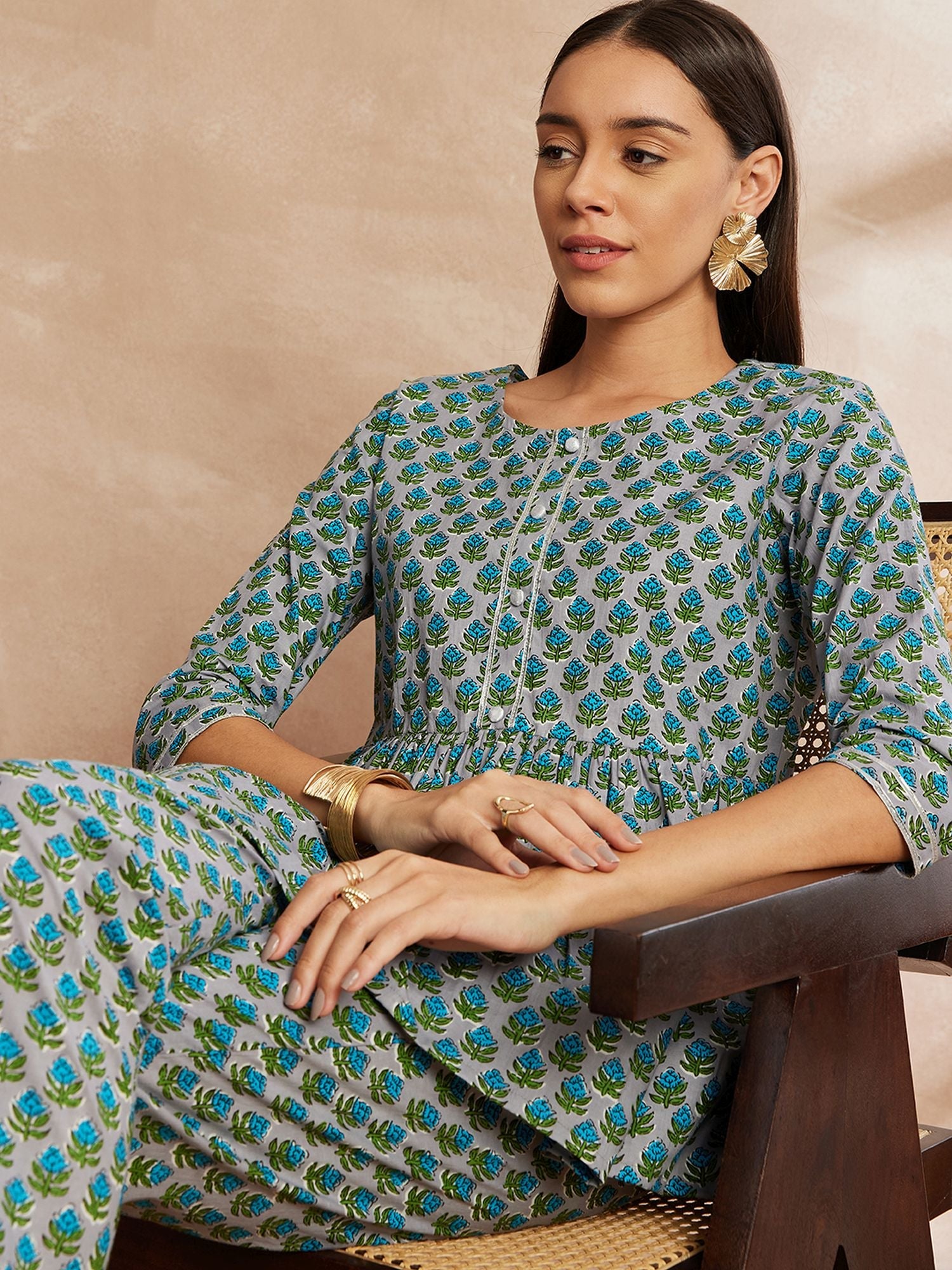 Floral Printed Pure Cotton Tunic With Trouser