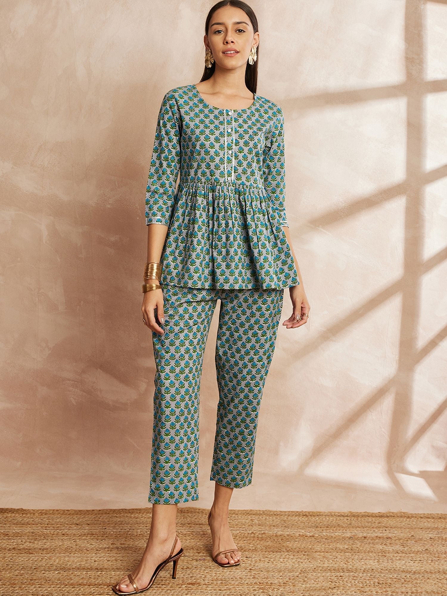 Floral Printed Pure Cotton Tunic With Trouser
