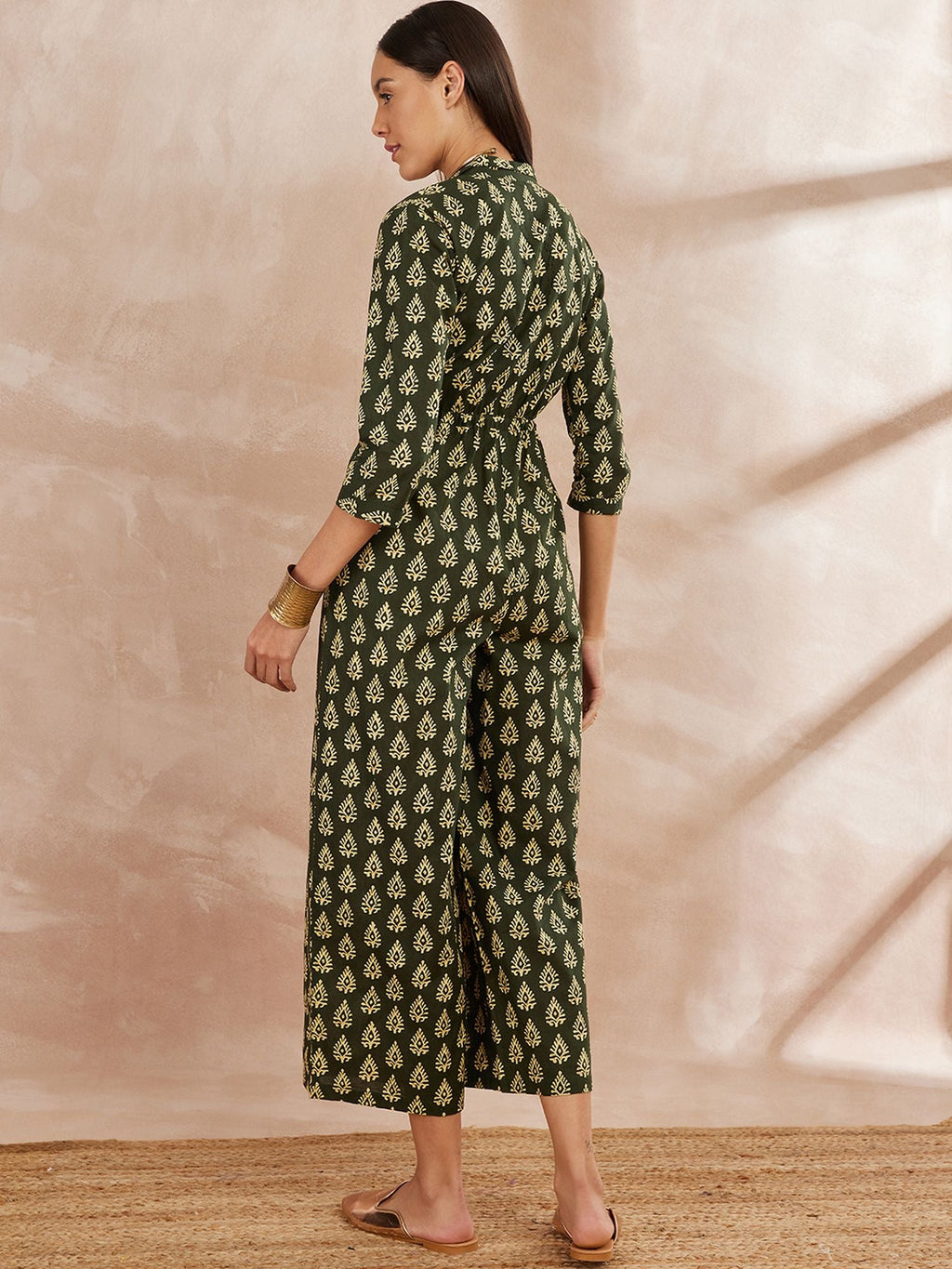 Shirt Collar Ethnic Motifs Printed Cotton Basic Jumpsuit