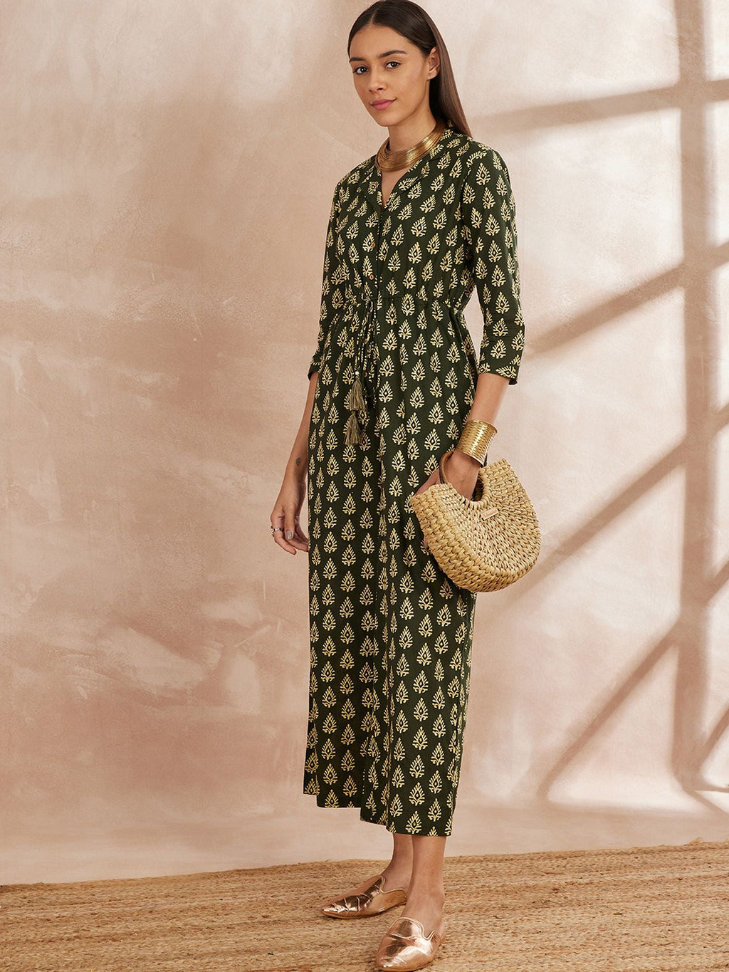 Shirt Collar Ethnic Motifs Printed Cotton Basic Jumpsuit