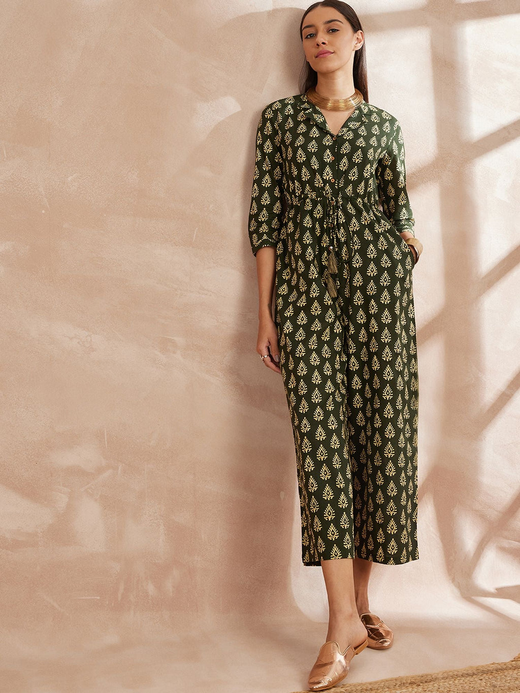 Shirt Collar Ethnic Motifs Printed Cotton Basic Jumpsuit