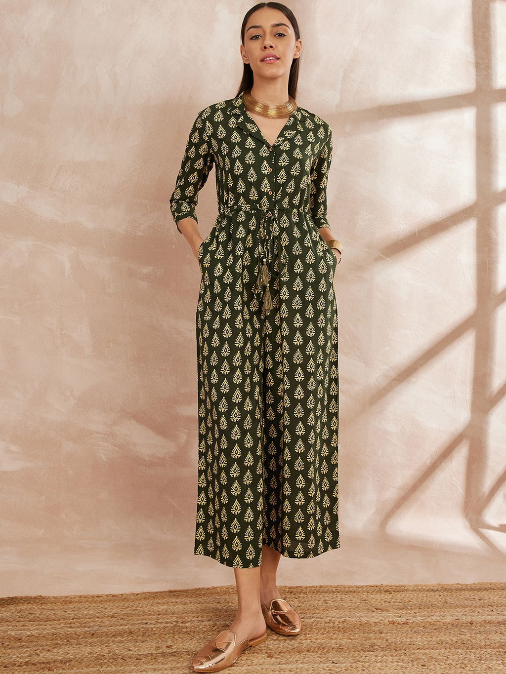 Shirt Collar Ethnic Motifs Printed Cotton Basic Jumpsuit
