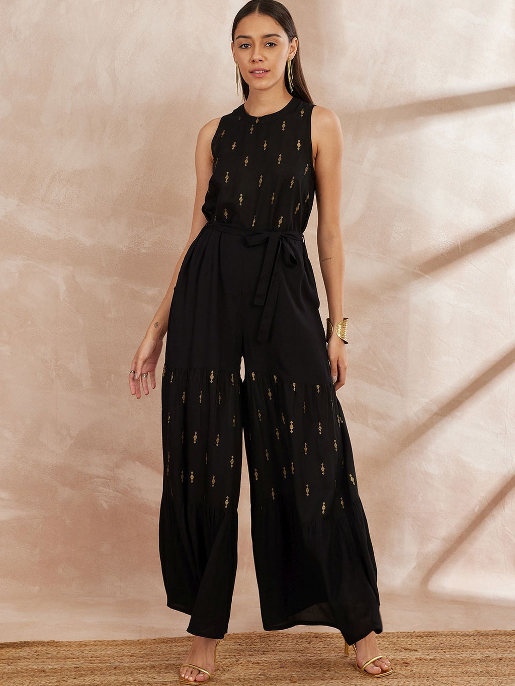 Black And Gold-Toned Printed Basic Jumpsuit
