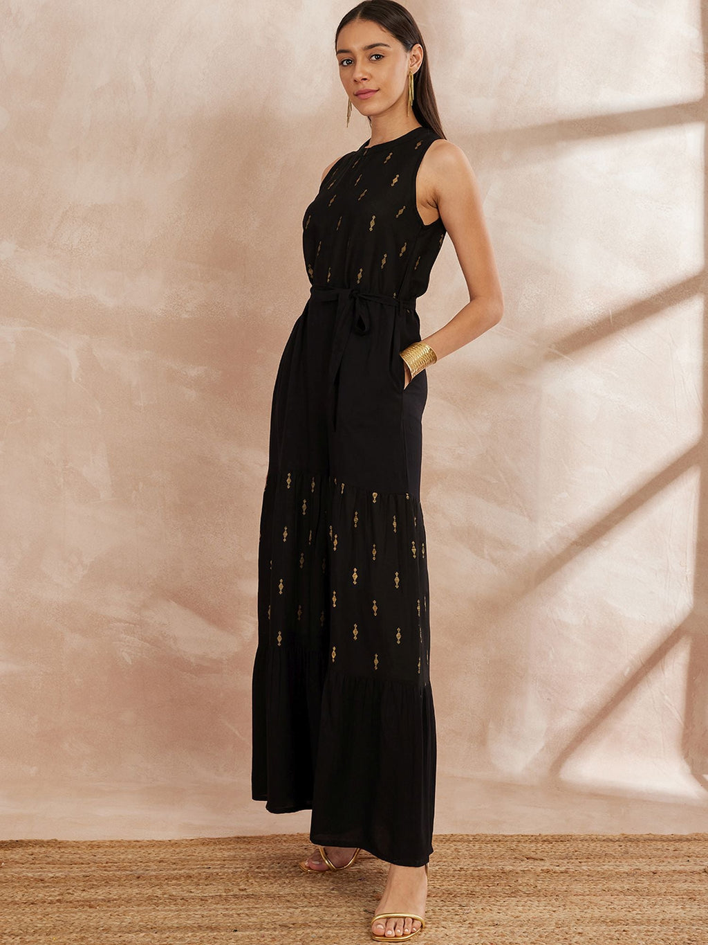 Black And Gold-Toned Printed Basic Jumpsuit