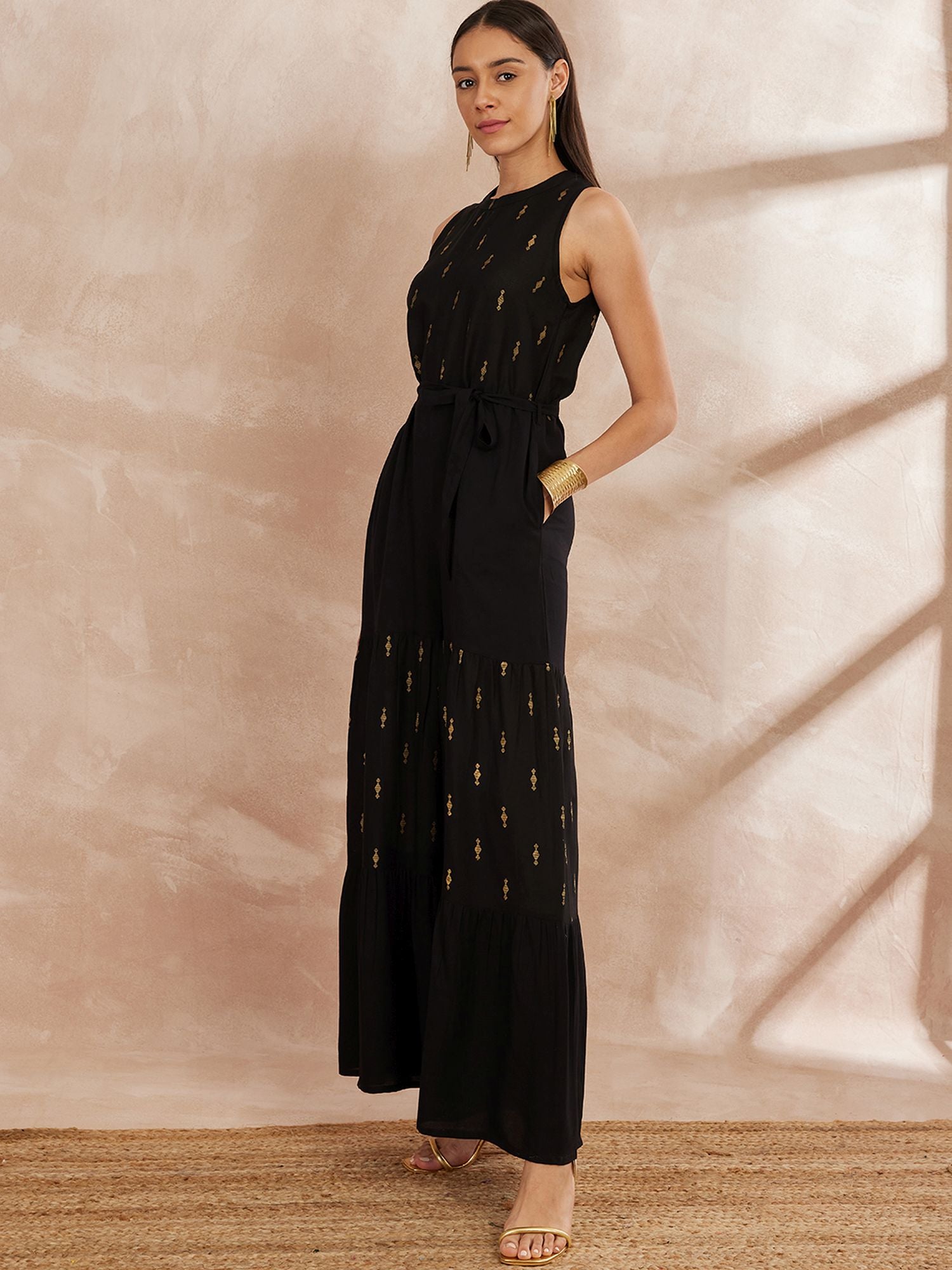 Black And Gold-Toned Printed Basic Jumpsuit